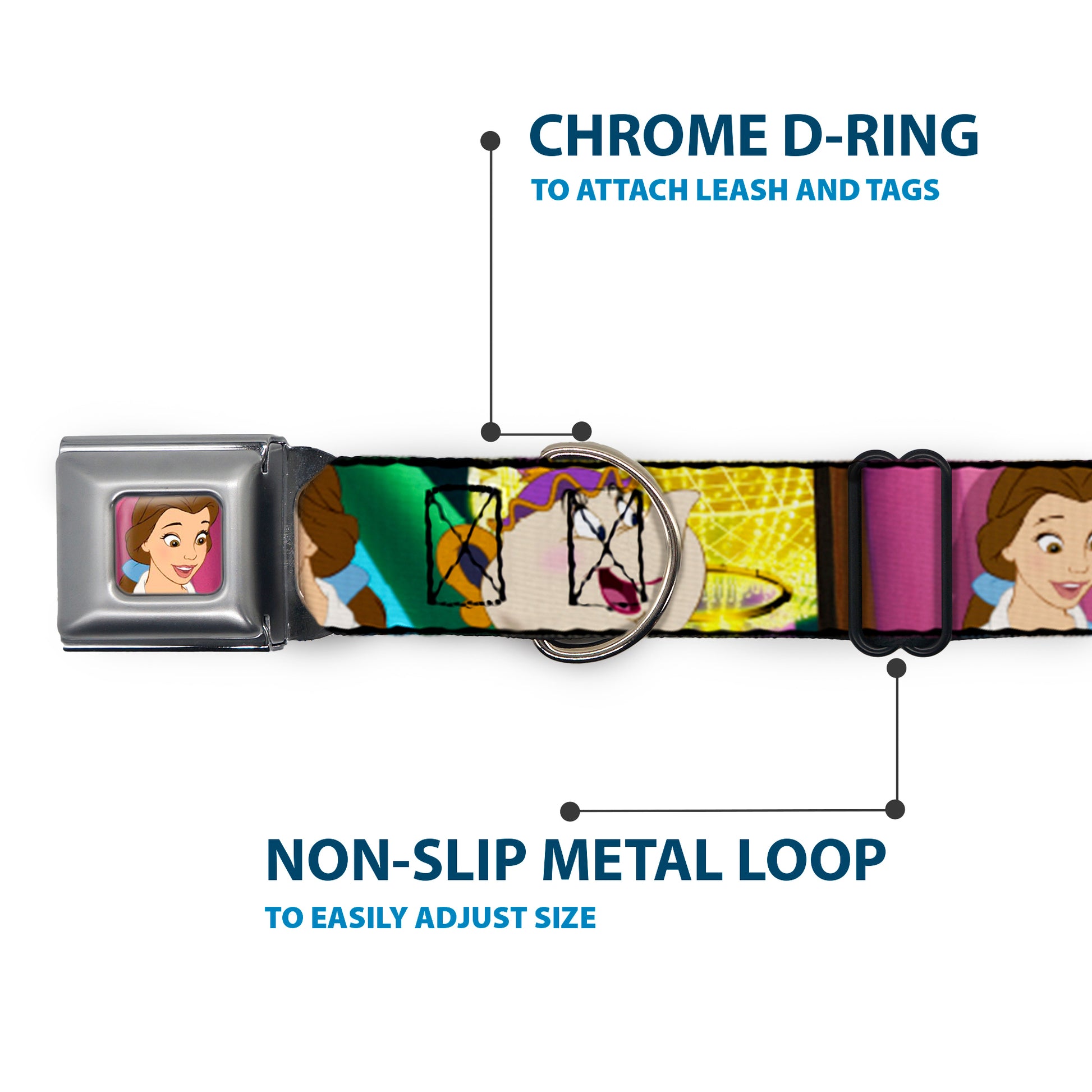 Dog Collar DYEL-Surprised Belle Full Color Pink - Beauty & the Beast Be Our Guest Scenes Seatbelt Buckle Collars Disney