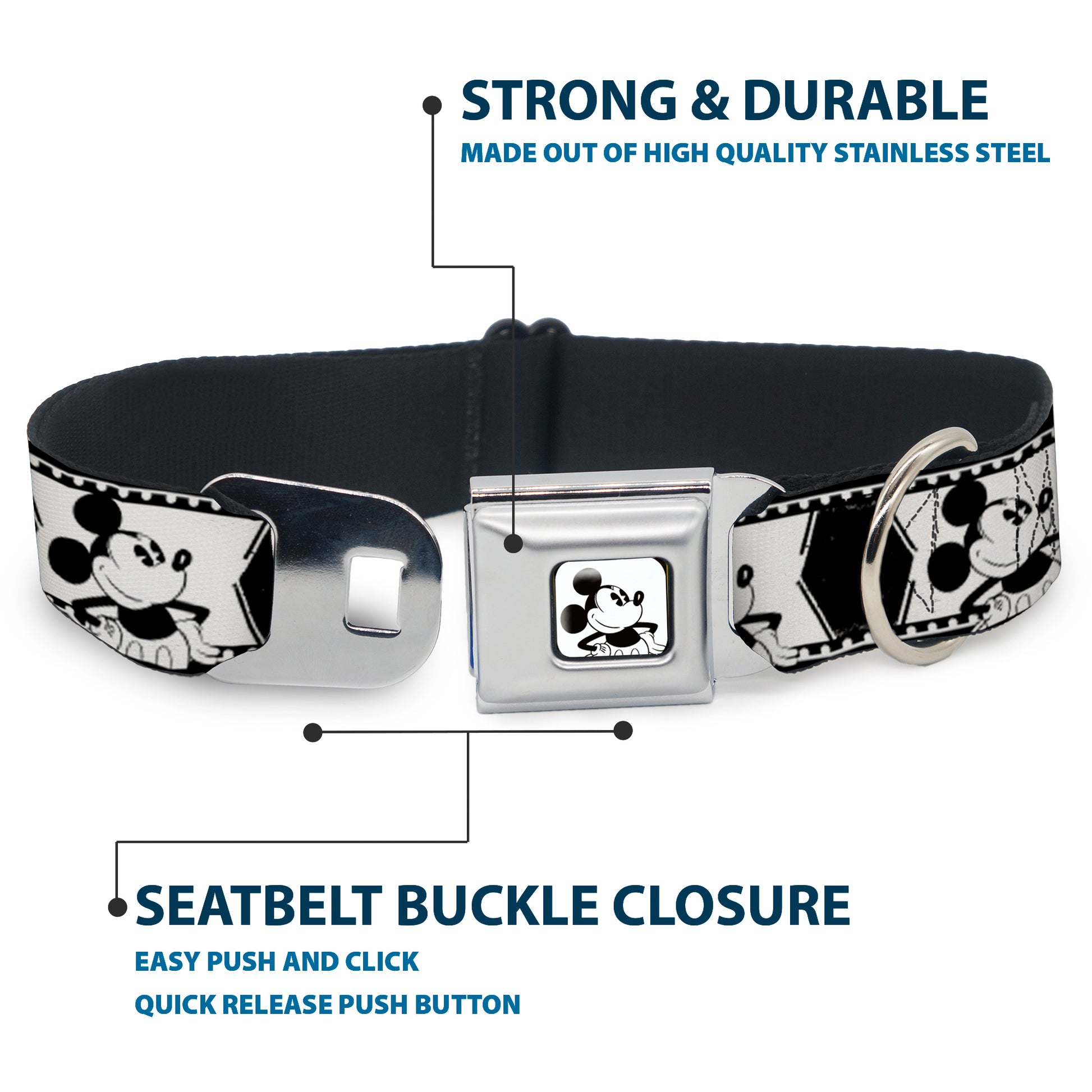 Mickey Standing Full Color White/Black Seatbelt Buckle Collar - Mickey Standing Pose Film Strip White/Black Seatbelt Buckle Collars Disney