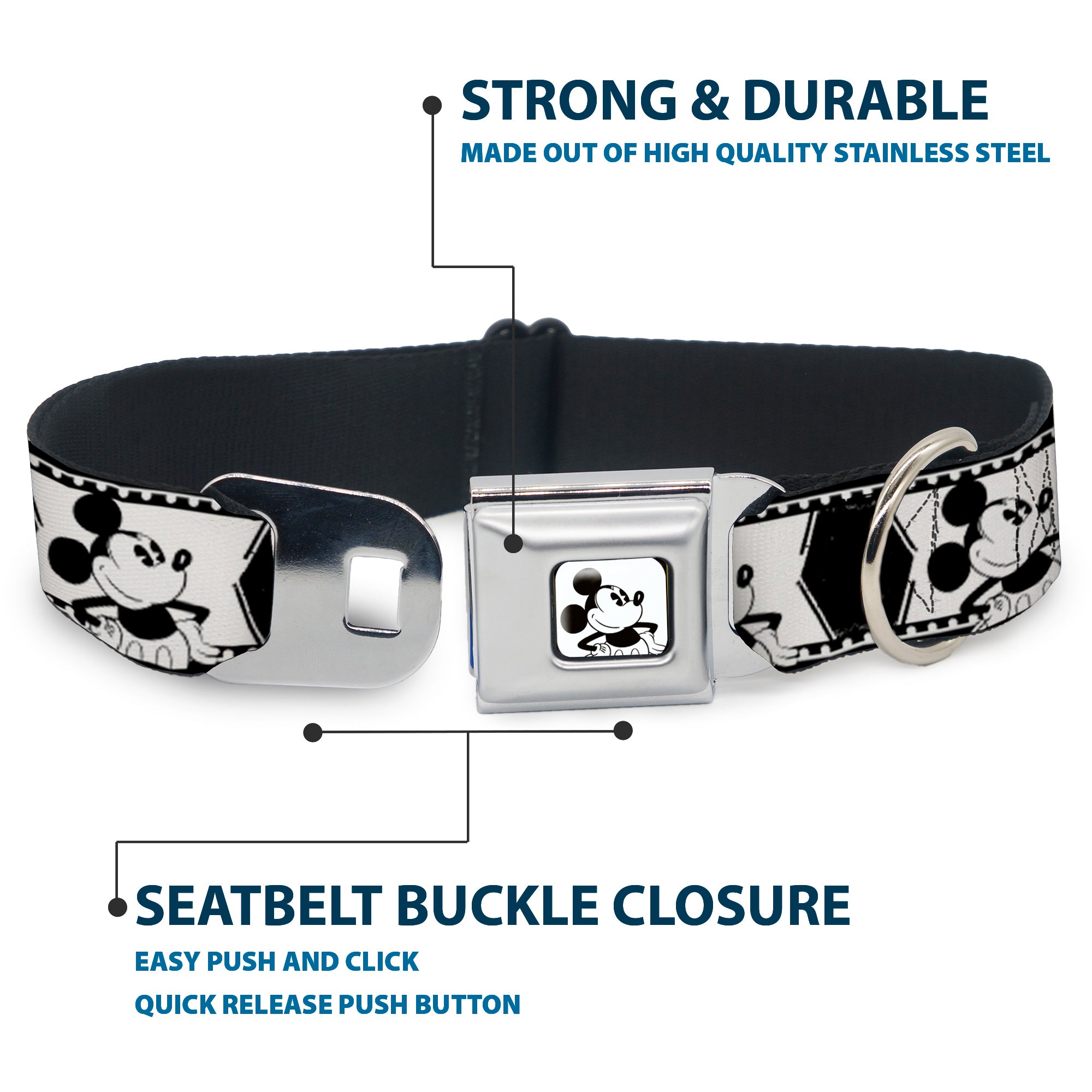 Mickey Standing Full Color White/Black Seatbelt Buckle Collar - Mickey Standing Pose Film Strip White/Black Seatbelt Buckle Collars Disney