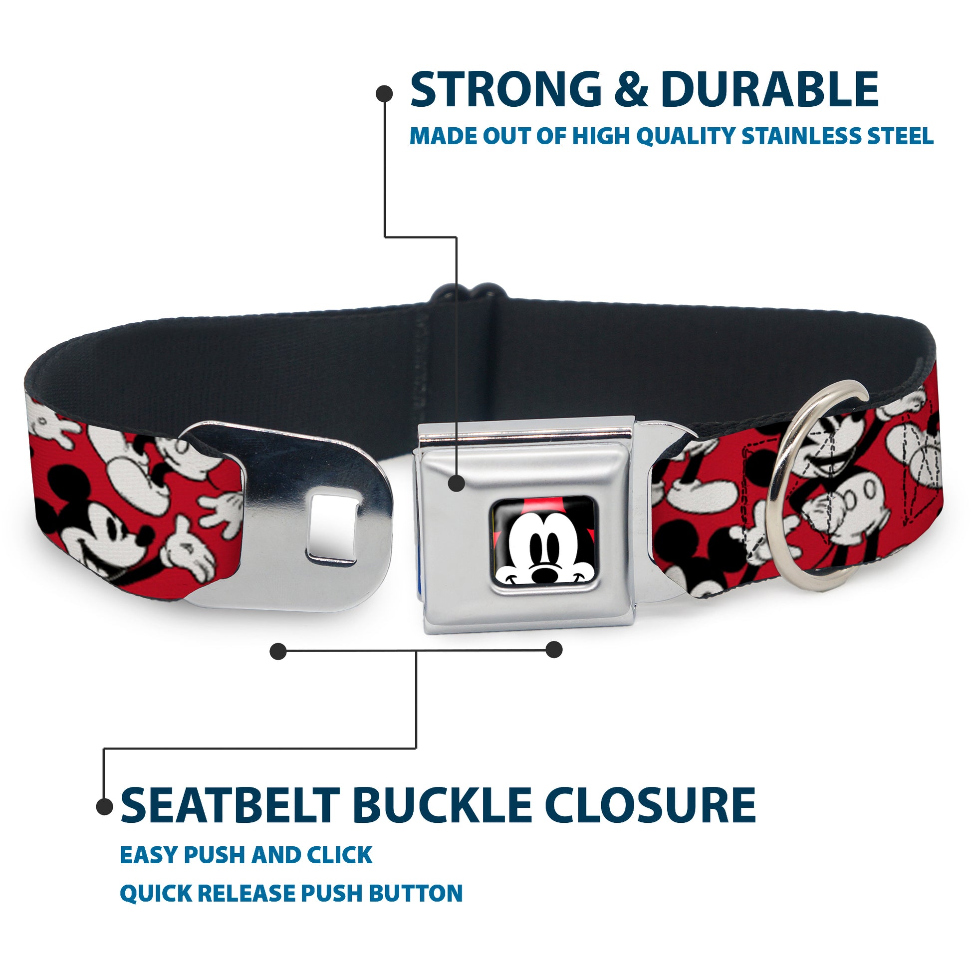 Mickey Mouse Face2 CLOSE-UP Full Color Red Black White Seatbelt Buckle Collar - Mickey Mouse Poses Scattered Red/Black/White Seatbelt Buckle Collars Disney