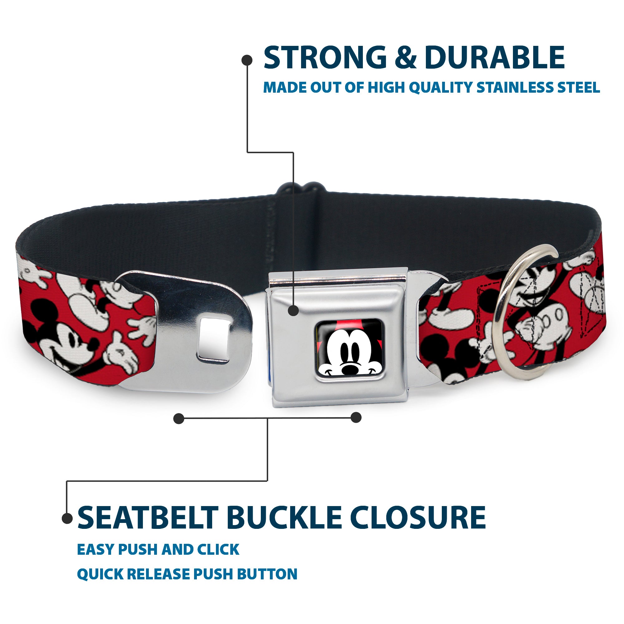 Mickey Mouse Face2 CLOSE-UP Full Color Red Black White Seatbelt Buckle Collar - Mickey Mouse Poses Scattered Red/Black/White Seatbelt Buckle Collars Disney