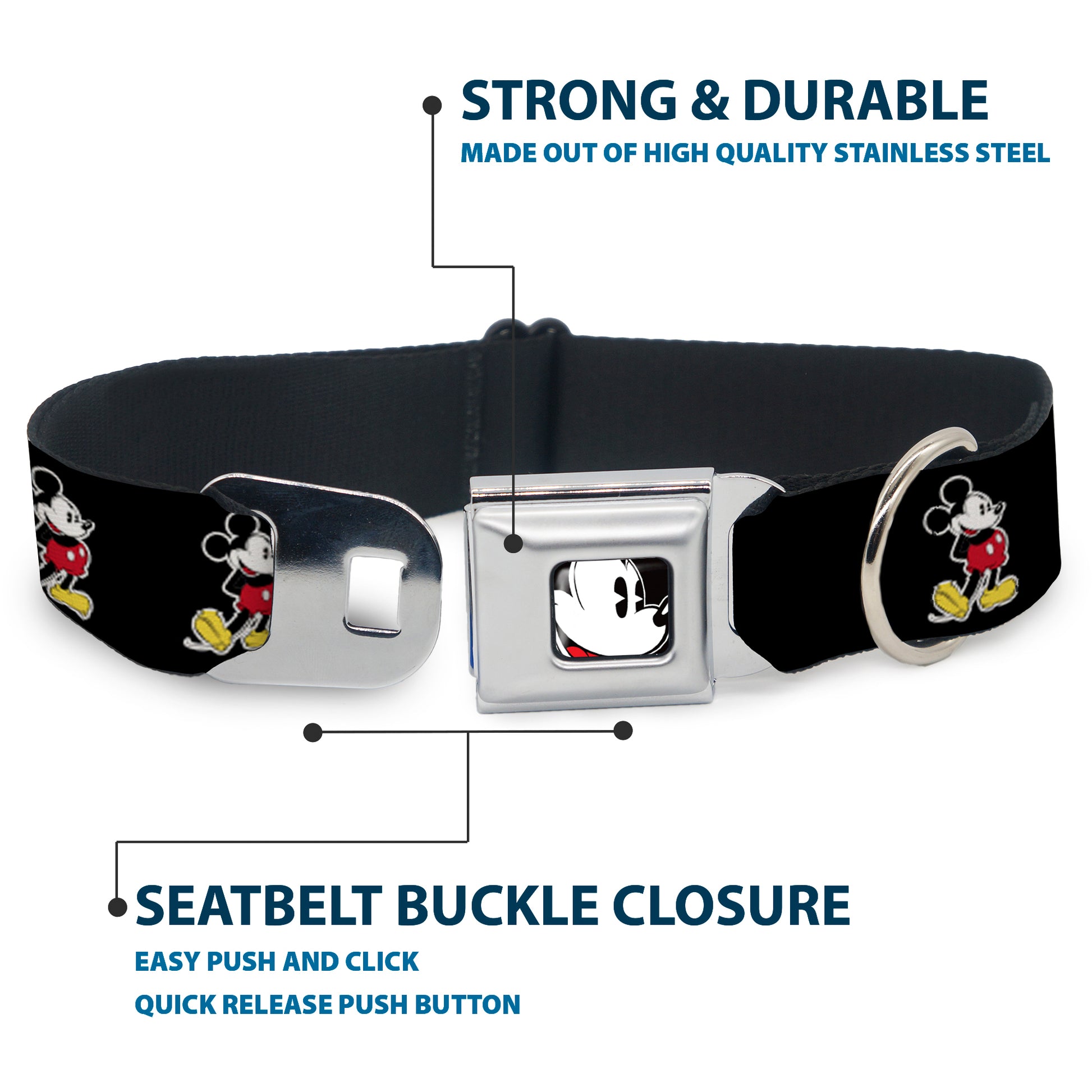 Classic Mickey Mouse Face CLOSE-UP Full Color Seatbelt Buckle Collar - Classic Mickey Mouse Pose Black Seatbelt Buckle Collars Disney