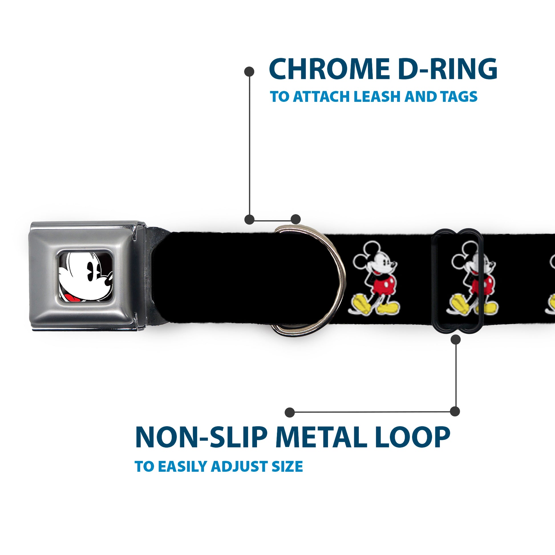Classic Mickey Mouse Face CLOSE-UP Full Color Seatbelt Buckle Collar - Classic Mickey Mouse Pose Black Seatbelt Buckle Collars Disney