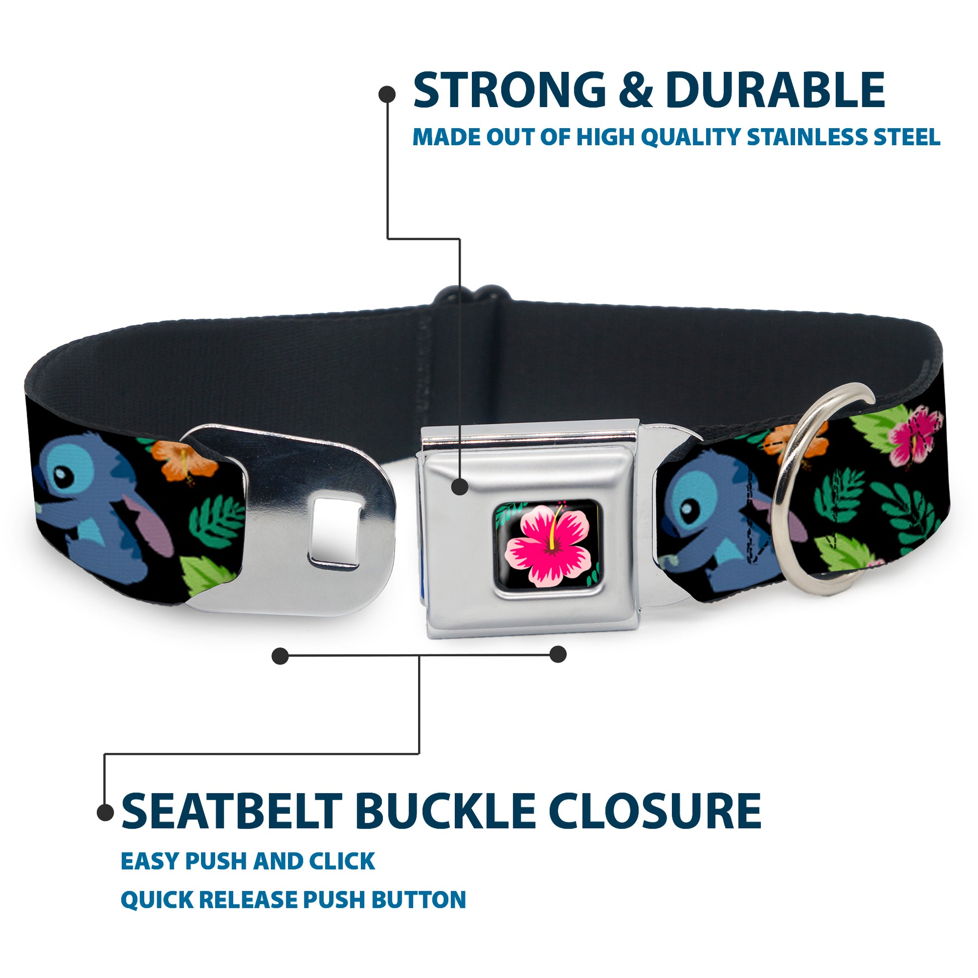Lilo & Stitch Hibiscus Flower Full Color Black/Pink Seatbelt Buckle Collar - Stitch & Scrump Poses/Tropical Flora Seatbelt Buckle Collars Disney