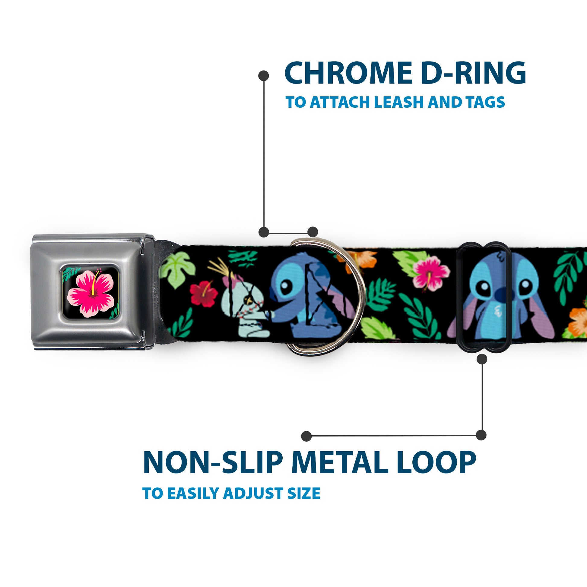 Lilo & Stitch Hibiscus Flower Full Color Black/Pink Seatbelt Buckle Collar - Stitch & Scrump Poses/Tropical Flora Seatbelt Buckle Collars Disney