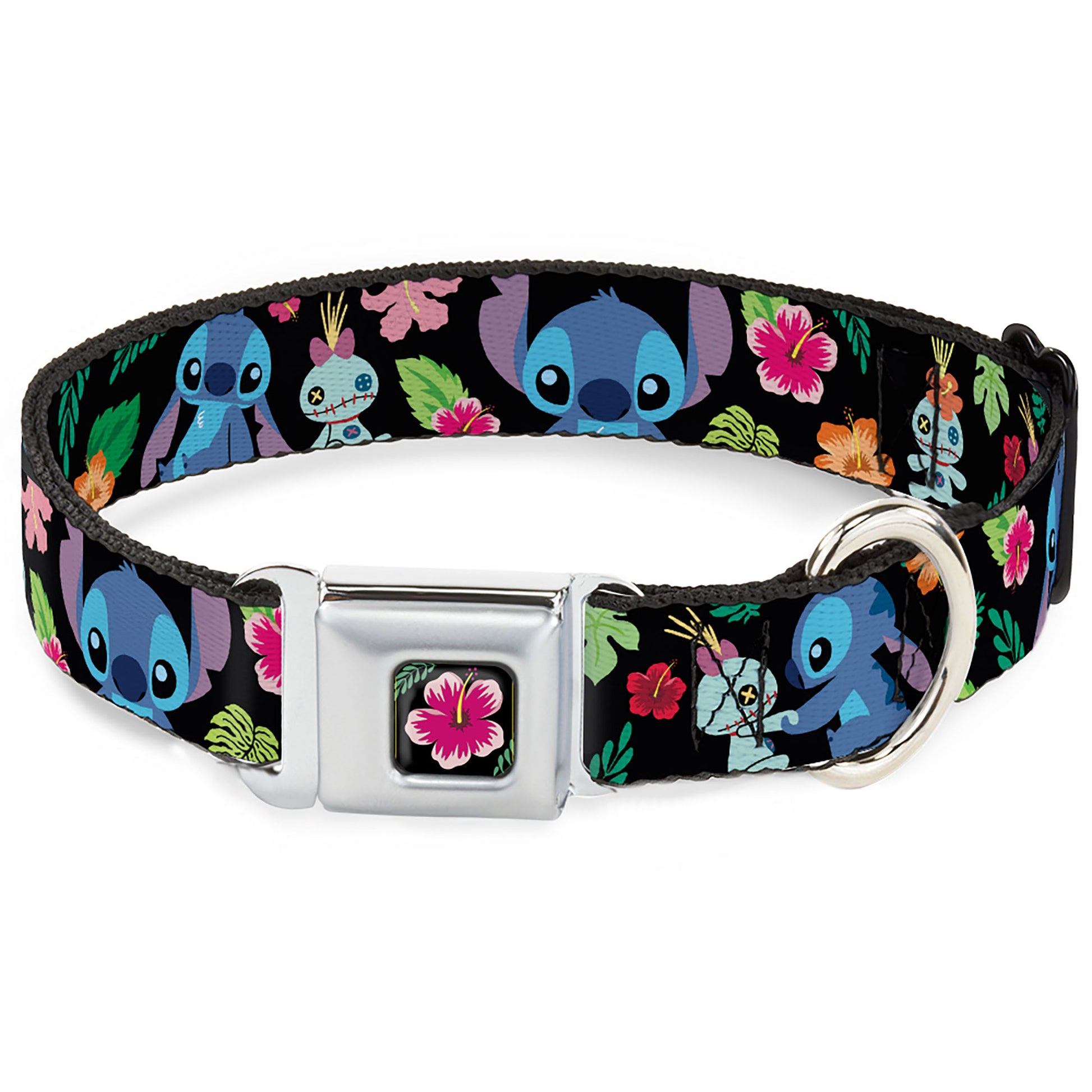 Lilo & Stitch Hibiscus Flower Full Color Black/Pink Seatbelt Buckle Collar - Stitch & Scrump Poses/Tropical Flora Seatbelt Buckle Collars Disney