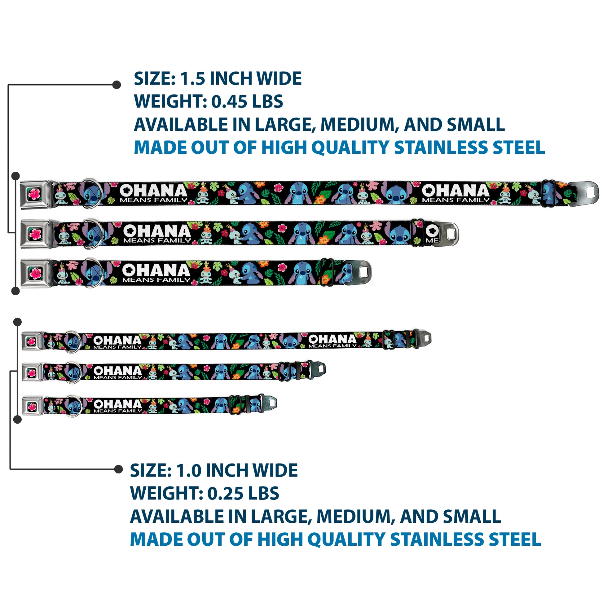 Lilo & Stitch Hibiscus Flower Full Color Black Pink Seatbelt Buckle Collar - OHANA MEANS FAMILY/Stitch & Scrump Poses/Tropical Flora Black/White/Multi Color Seatbelt Buckle Collars Disney