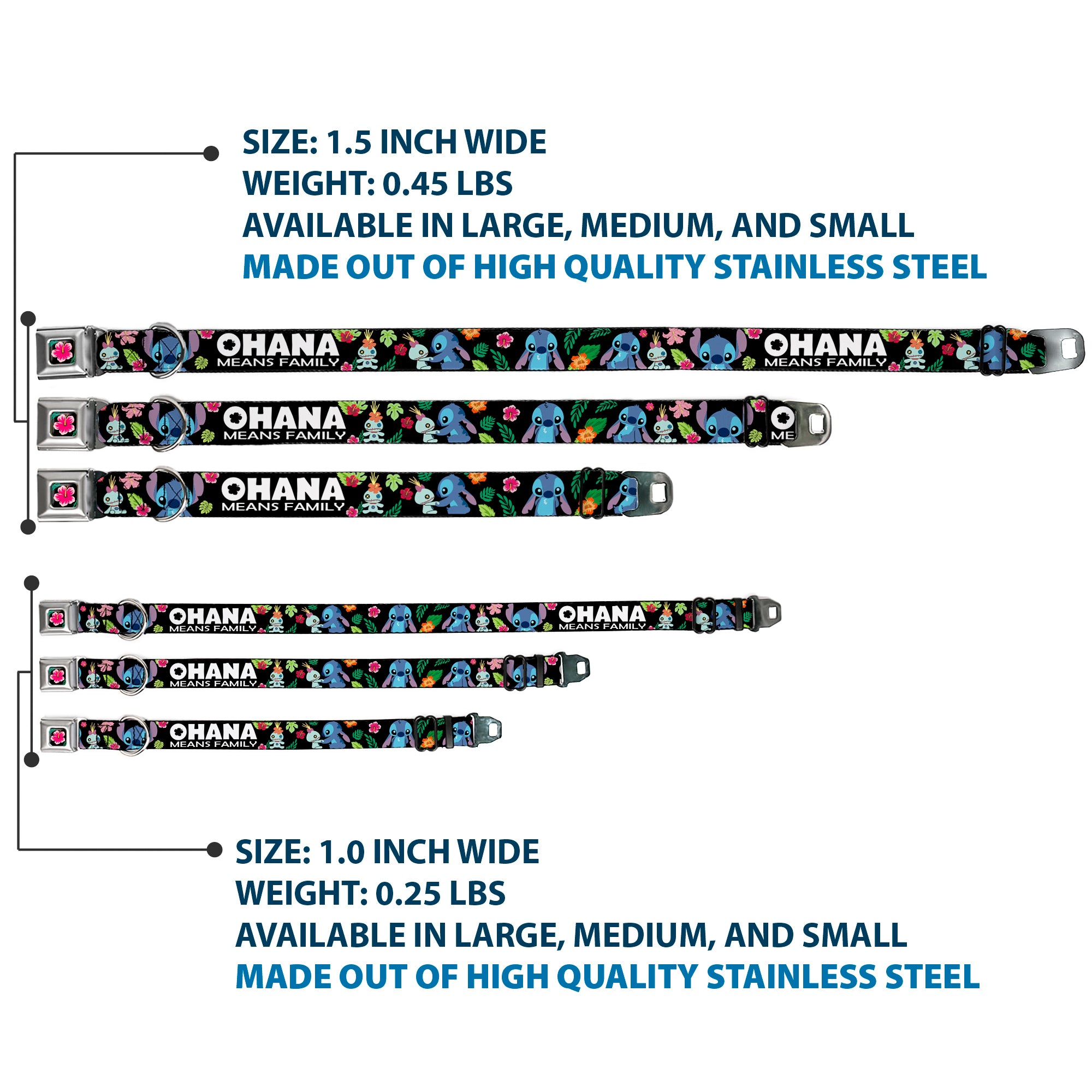 Lilo & Stitch Hibiscus Flower Full Color Black Pink Seatbelt Buckle Collar - OHANA MEANS FAMILY/Stitch & Scrump Poses/Tropical Flora Black/White/Multi Color Seatbelt Buckle Collars Disney