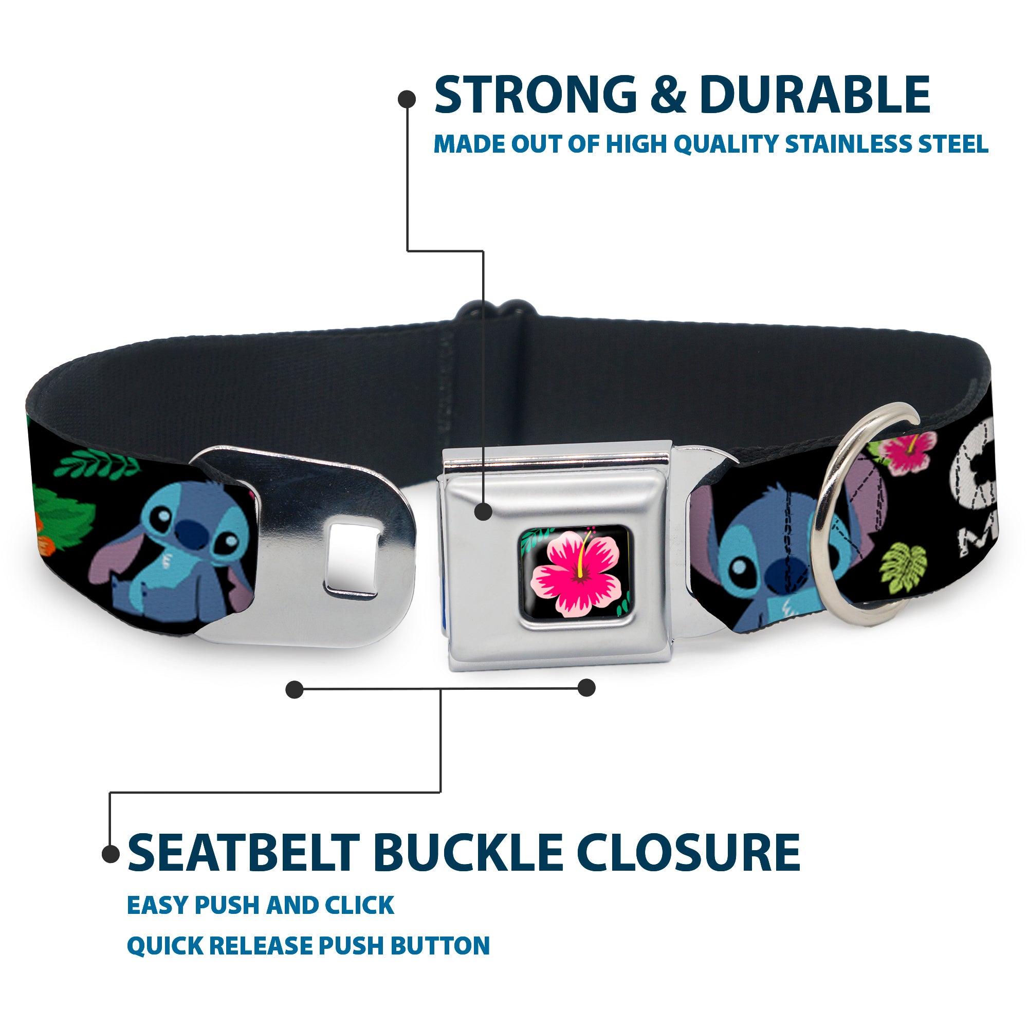 Lilo & Stitch Hibiscus Flower Full Color Black Pink Seatbelt Buckle Collar - OHANA MEANS FAMILY/Stitch & Scrump Poses/Tropical Flora Black/White/Multi Color Seatbelt Buckle Collars Disney