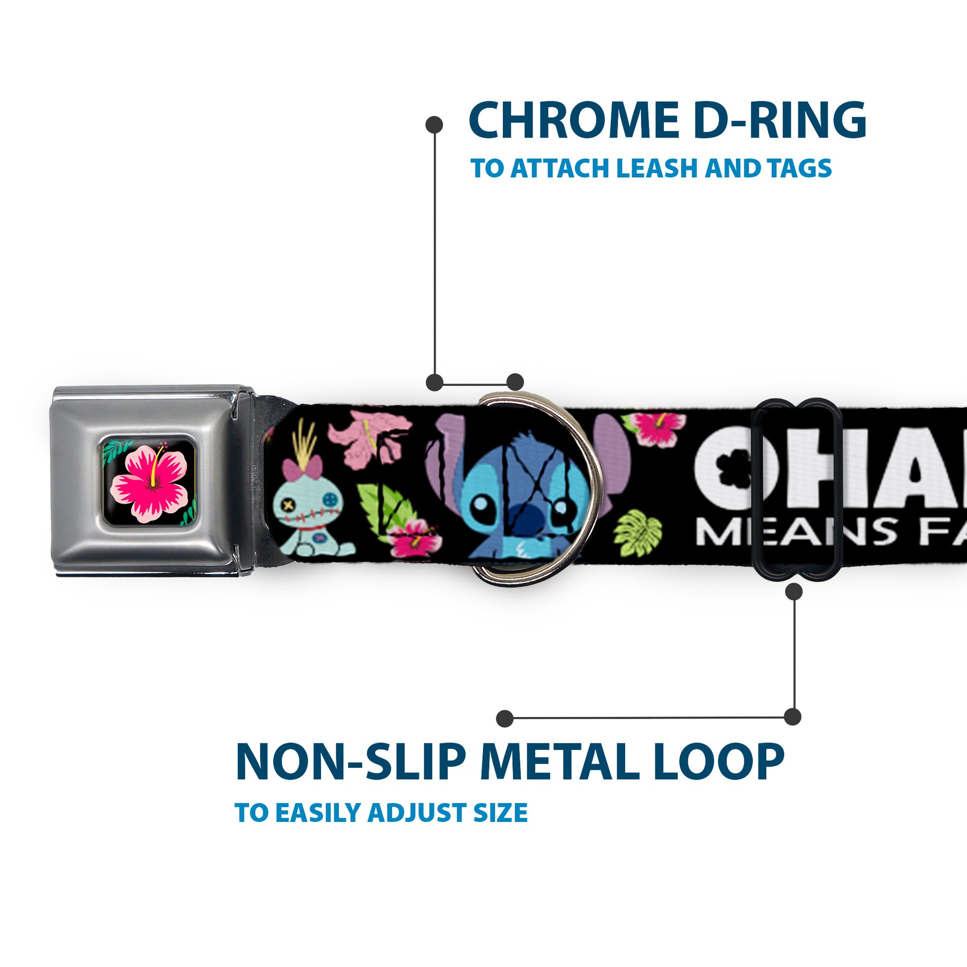 Lilo & Stitch Hibiscus Flower Full Color Black Pink Seatbelt Buckle Collar - OHANA MEANS FAMILY/Stitch & Scrump Poses/Tropical Flora Black/White/Multi Color Seatbelt Buckle Collars Disney