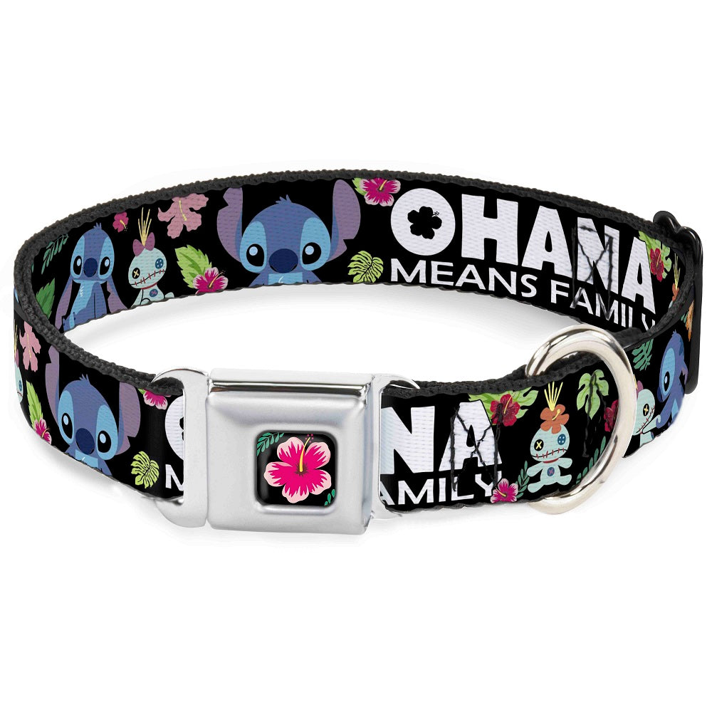 Lilo & Stitch Hibiscus Flower Full Color Black Pink Seatbelt Buckle Collar - OHANA MEANS FAMILY/Stitch & Scrump Poses/Tropical Flora Black/White/Multi Color Seatbelt Buckle Collars Disney