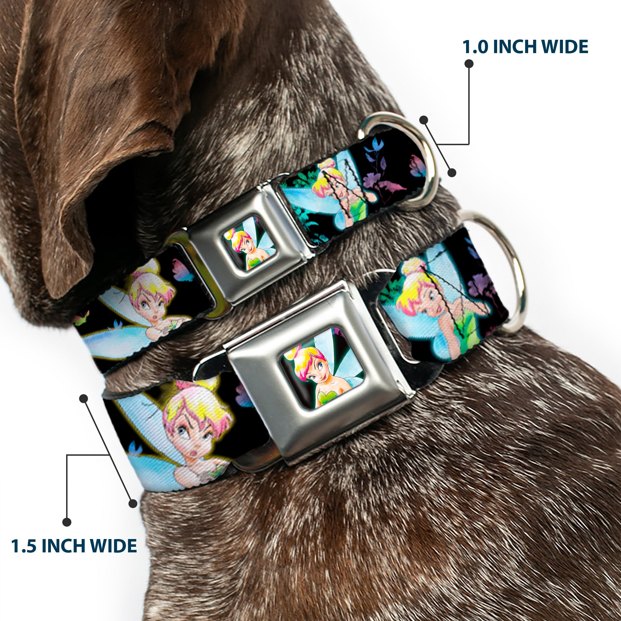 Glowing Tinker Bell Pose Full Color Seatbelt Buckle Collar - Glowing Tinker Bell Poses/Butterflies & Flowers Black/Multi Neon Seatbelt Buckle Collars Disney