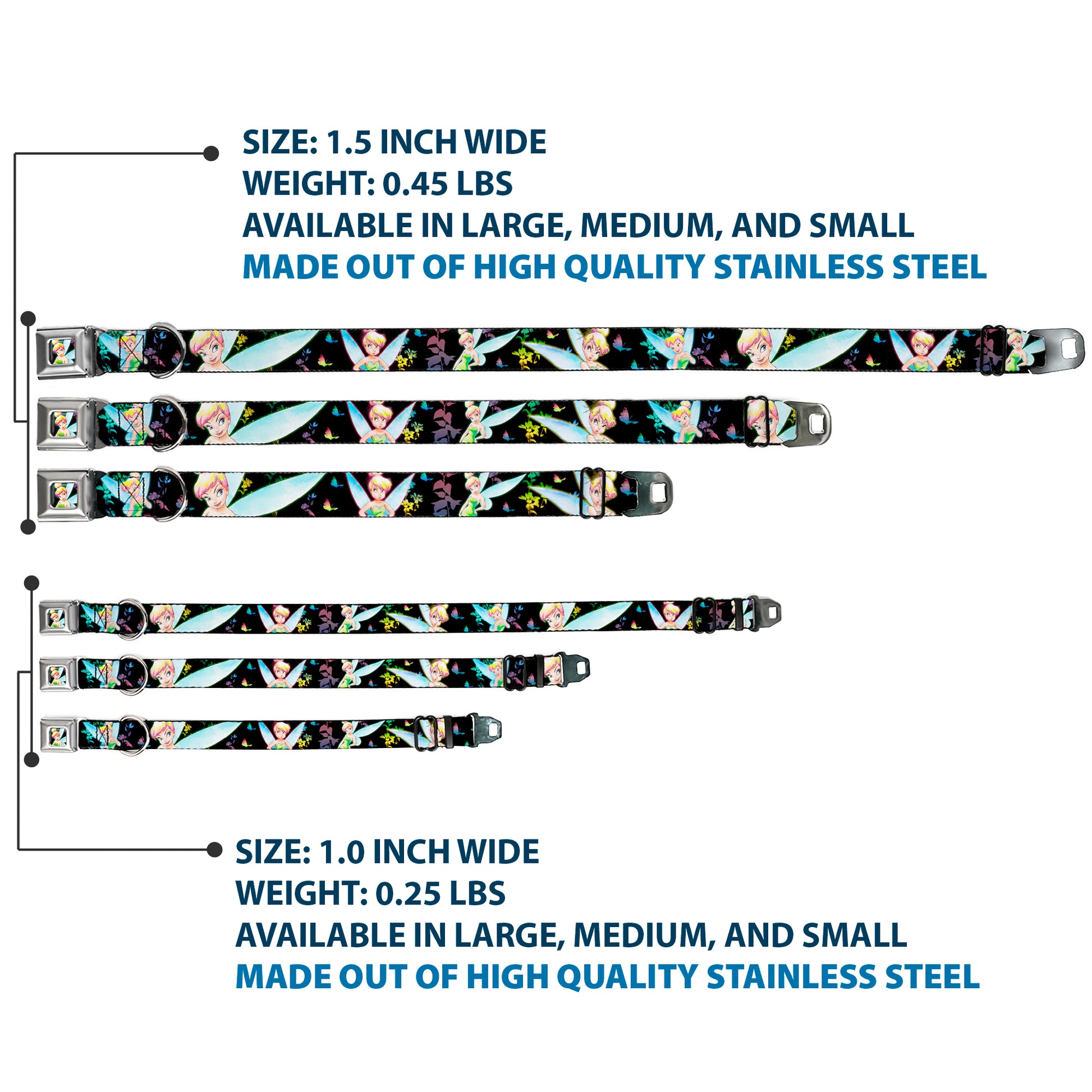 Glowing Tinker Bell Pose Full Color Seatbelt Buckle Collar - Glowing Tinker Bell Poses/Butterflies & Flowers Black/Multi Neon Seatbelt Buckle Collars Disney