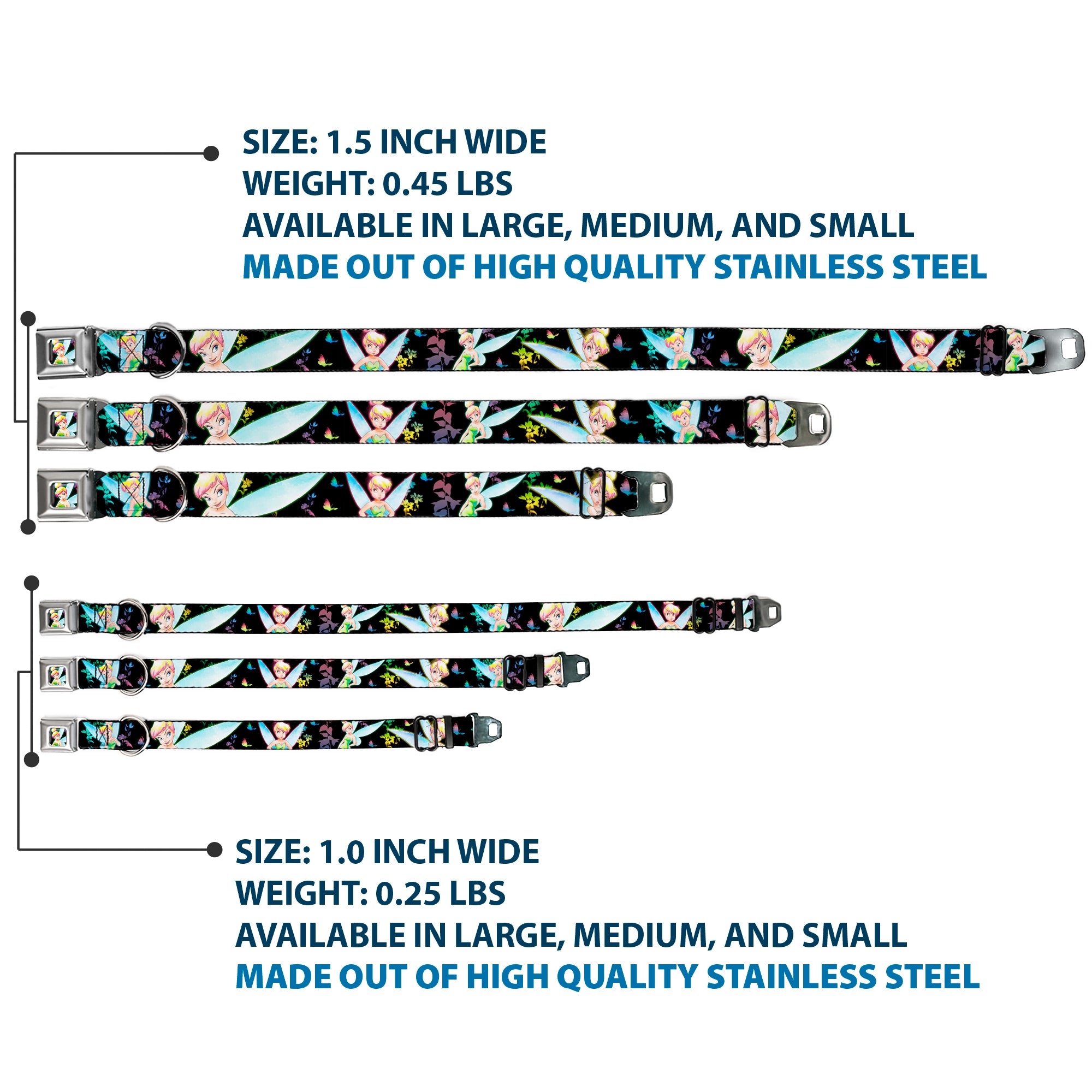 Glowing Tinker Bell Pose Full Color Seatbelt Buckle Collar - Glowing Tinker Bell Poses/Butterflies & Flowers Black/Multi Neon Seatbelt Buckle Collars Disney