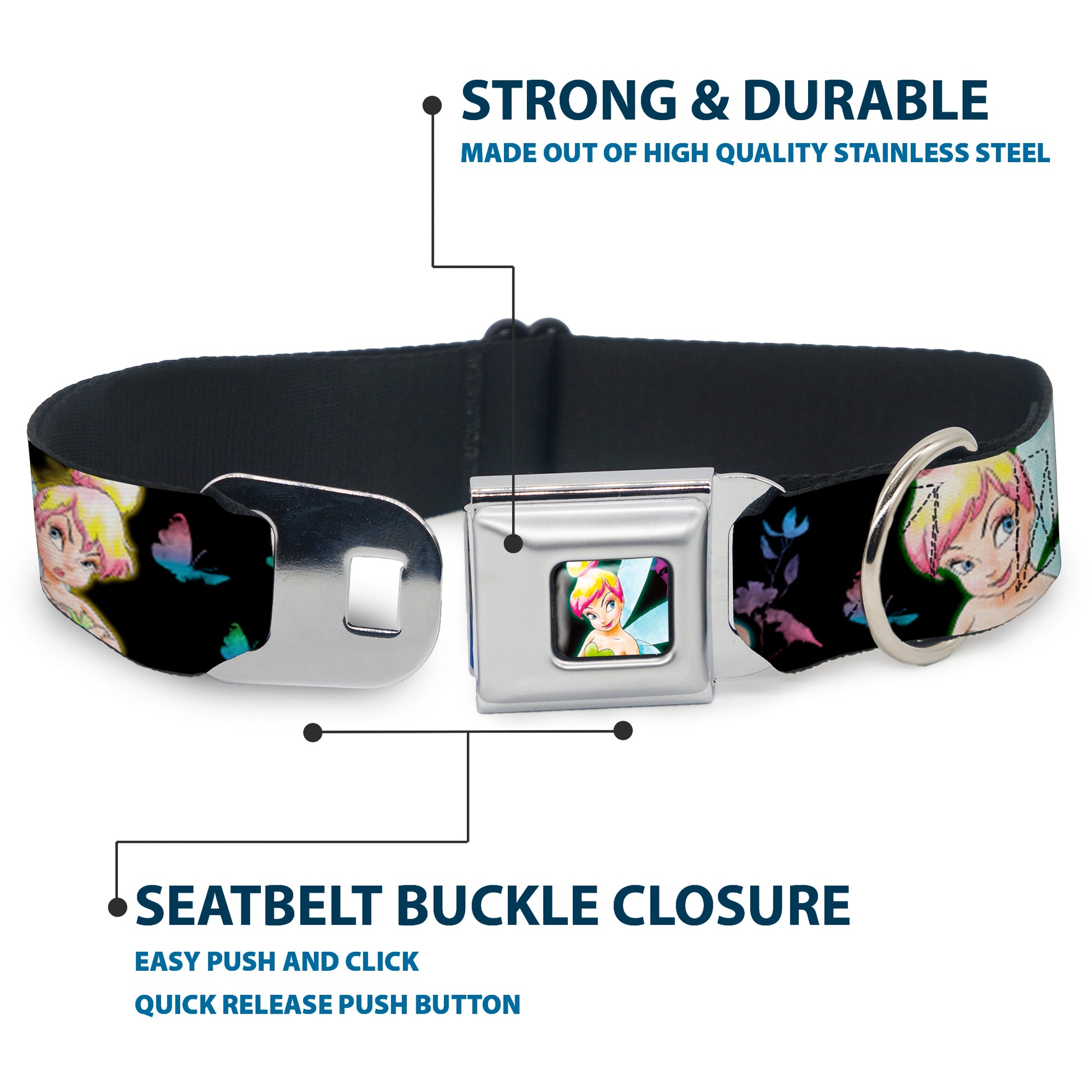 Glowing Tinker Bell Pose Full Color Seatbelt Buckle Collar - Glowing Tinker Bell Poses/Butterflies & Flowers Black/Multi Neon Seatbelt Buckle Collars Disney