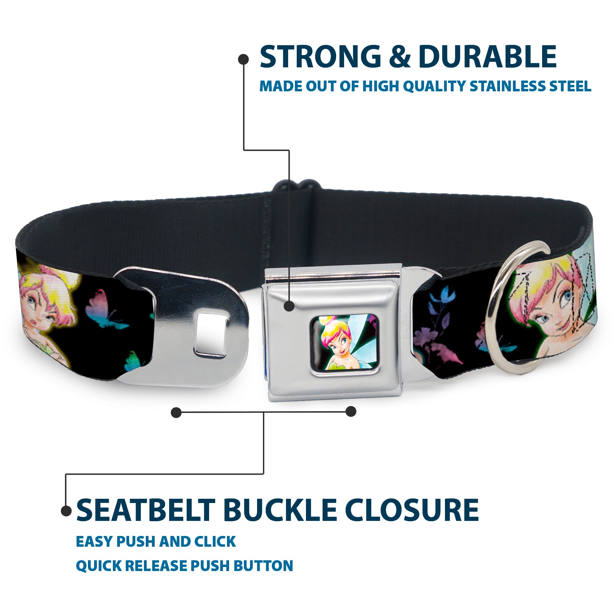 Glowing Tinker Bell Pose Full Color Seatbelt Buckle Collar - Glowing Tinker Bell Poses/Butterflies & Flowers Black/Multi Neon Seatbelt Buckle Collars Disney