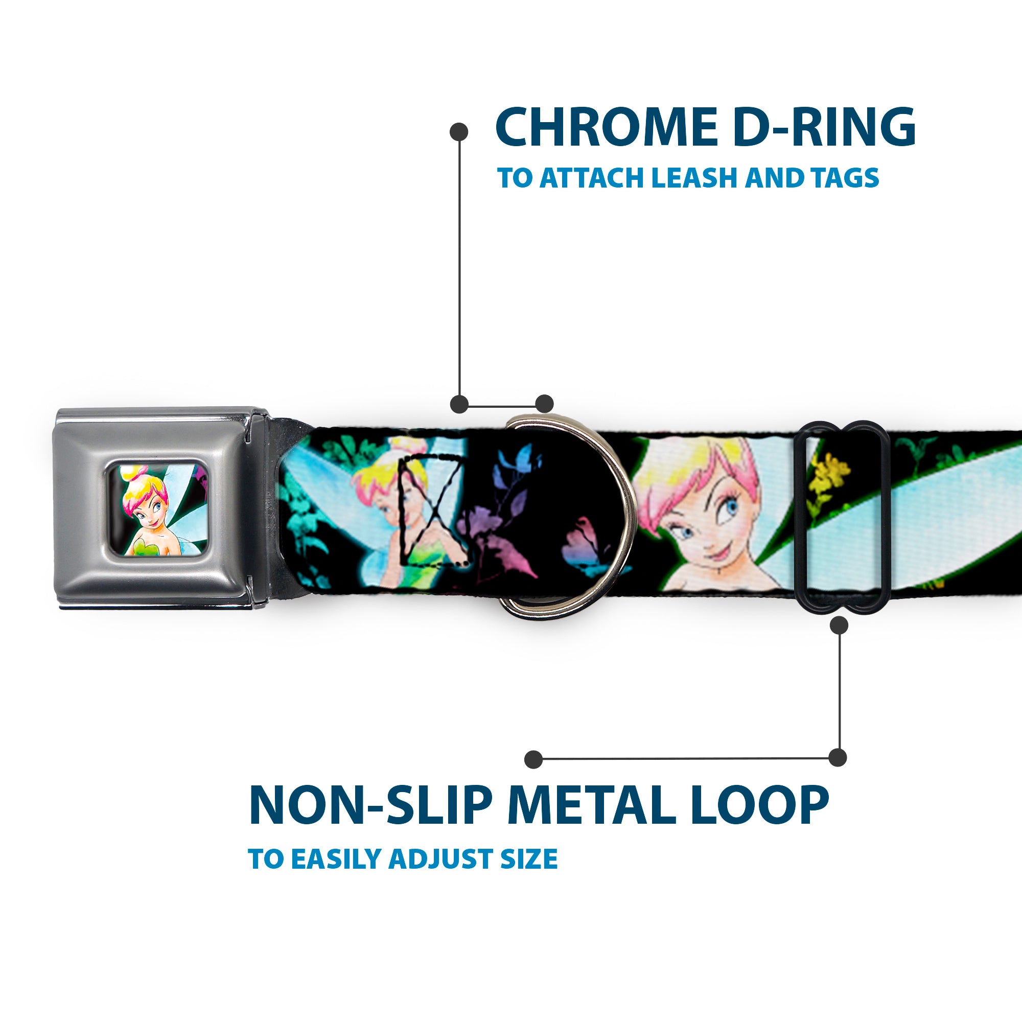 Glowing Tinker Bell Pose Full Color Seatbelt Buckle Collar - Glowing Tinker Bell Poses/Butterflies & Flowers Black/Multi Neon Seatbelt Buckle Collars Disney