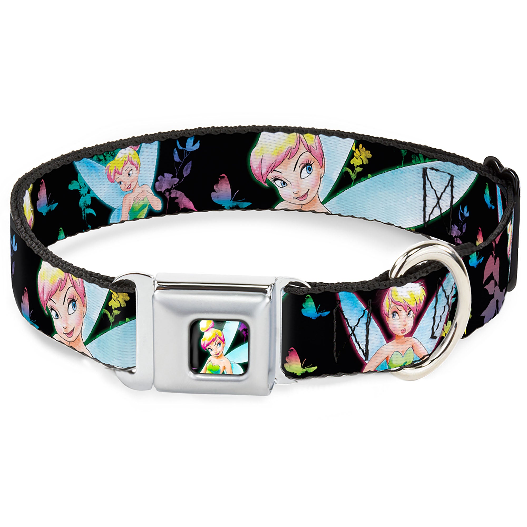 Glowing Tinker Bell Pose Full Color Seatbelt Buckle Collar - Glowing Tinker Bell Poses/Butterflies & Flowers Black/Multi Neon Seatbelt Buckle Collars Disney
