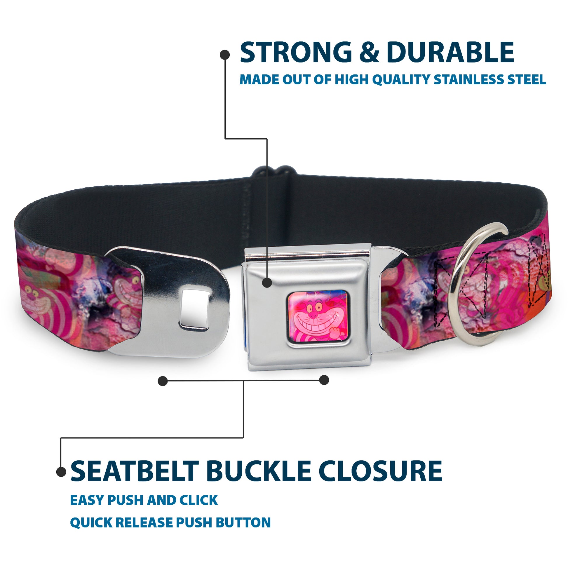Transparent Cheshire Cat Face Full Color Seatbelt Buckle Collar - Transparent Cheshire Cat Poses WE'RE ALL MAD HERE Seatbelt Buckle Collars Disney