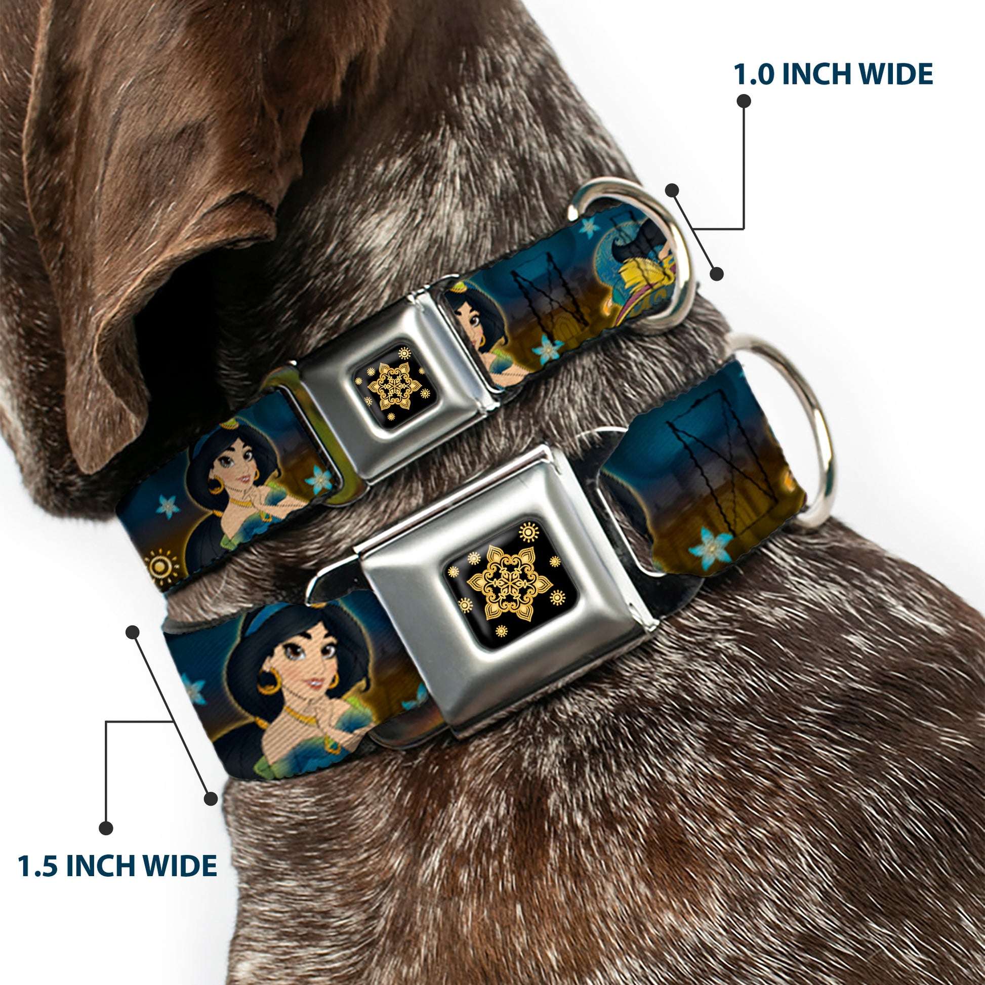Aladdin Flower Motif Full Color Black/Gold Seatbelt Buckle Collar - Jasmine & Aladdin Carpet Ride/Jasmine Poses/Flowers Seatbelt Buckle Collars Disney