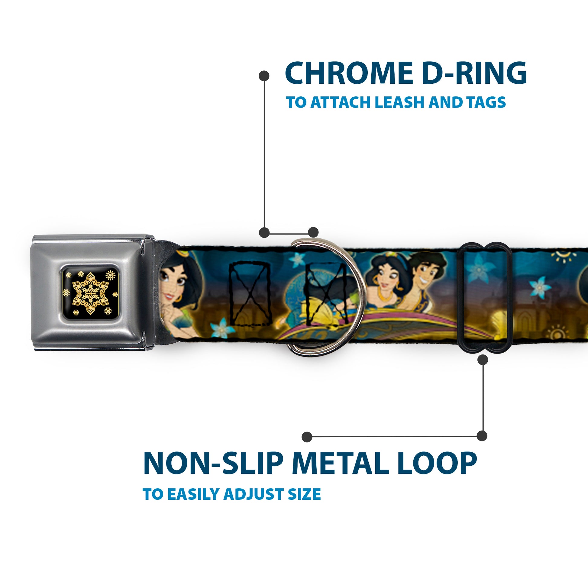 Aladdin Flower Motif Full Color Black/Gold Seatbelt Buckle Collar - Jasmine & Aladdin Carpet Ride/Jasmine Poses/Flowers Seatbelt Buckle Collars Disney