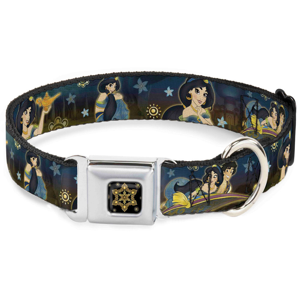 Aladdin Flower Motif Full Color Black/Gold Seatbelt Buckle Collar - Jasmine & Aladdin Carpet Ride/Jasmine Poses/Flowers Seatbelt Buckle Collars Disney