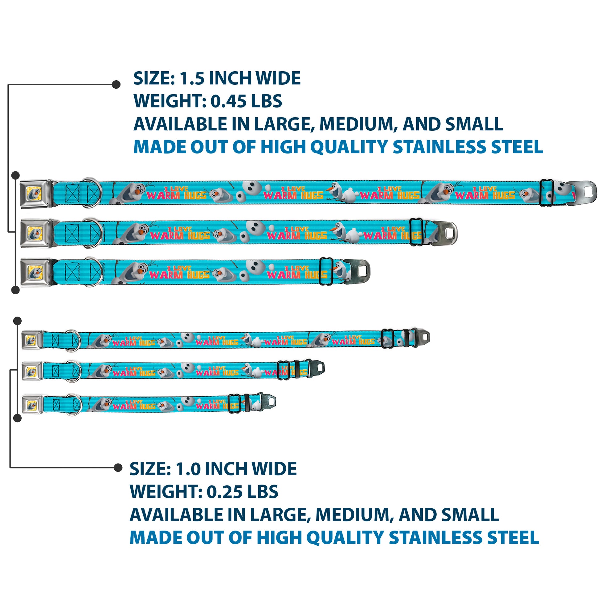 Olaf Face Frozen Sun Full Color Seatbelt Buckle Collar - Olaf Pose I LOVE WARM HUGS Stripe Blues Seatbelt Buckle Collars Disney