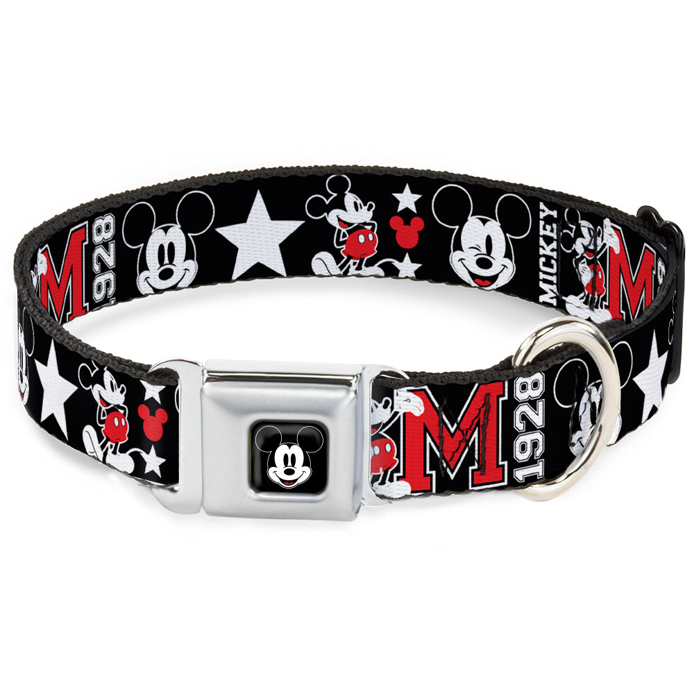 Mickey Mouse Face Full Color Black Seatbelt Buckle Collar - Classic Mickey Mouse 1928 Collage Black/White/Red Seatbelt Buckle Collars Disney