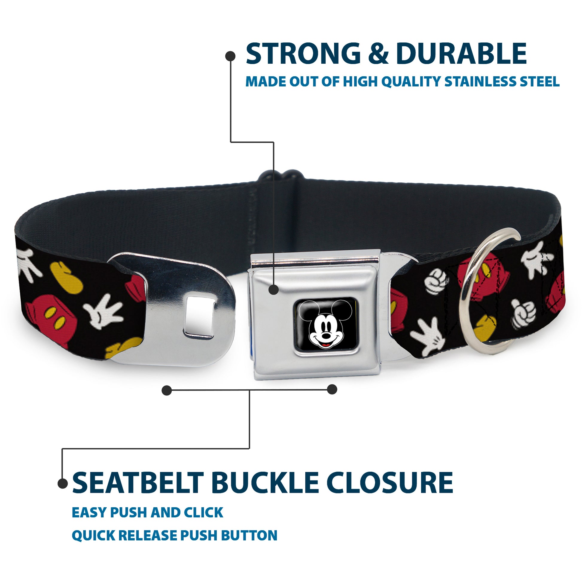 Mickey Mouse Face Full Color Black Seatbelt Buckle Collar - Mickey Mouse Costume Elements Scattered Black Seatbelt Buckle Collars Disney