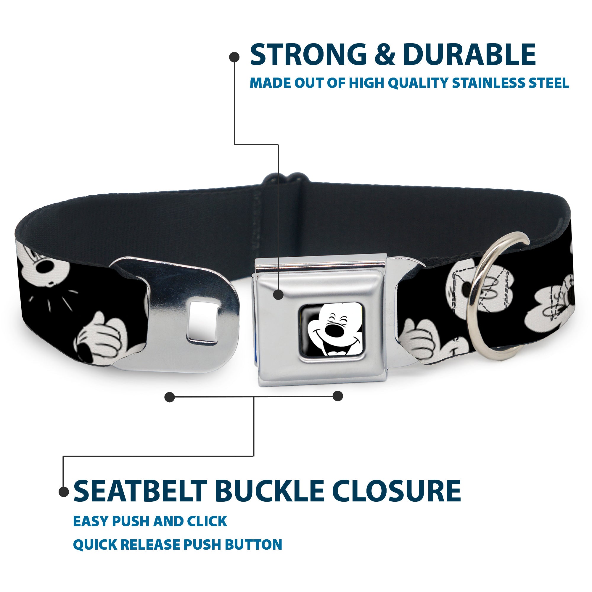 Mickey Mouse Face2 CLOSE-UP Full Color Black White Seatbelt Buckle Collar - Mickey Mouse Expressions Scattered Black/White Seatbelt Buckle Collars Disney