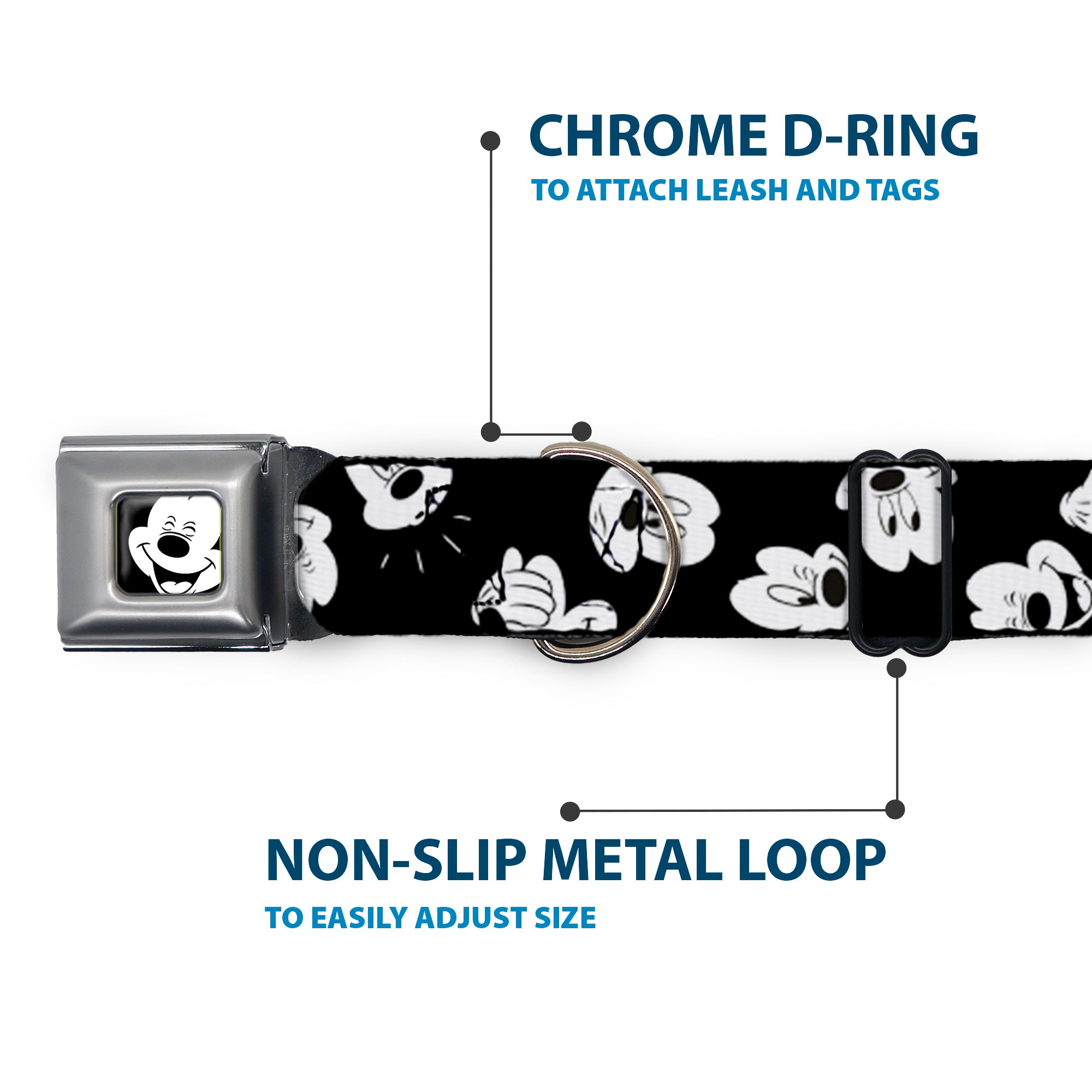 Mickey Mouse Face2 CLOSE-UP Full Color Black White Seatbelt Buckle Collar - Mickey Mouse Expressions Scattered Black/White Seatbelt Buckle Collars Disney