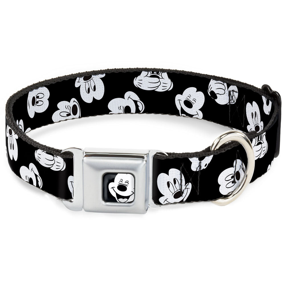 Mickey Mouse Face2 CLOSE-UP Full Color Black White Seatbelt Buckle Collar - Mickey Mouse Expressions Scattered Black/White Seatbelt Buckle Collars Disney