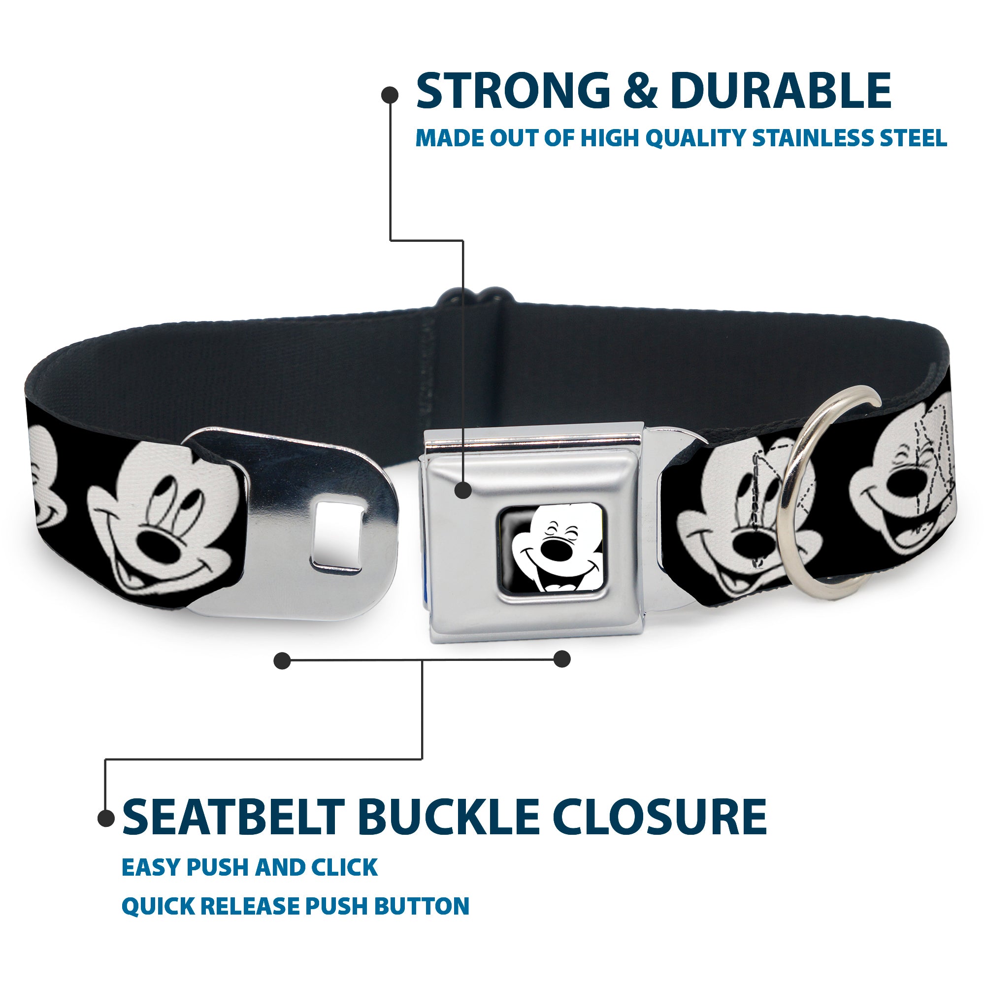 Mickey Mouse Face3 CLOSE-UP Full Color Black/White Seatbelt Buckle Collar - Mickey Mouse Expressions CLOSE-UP Black/White Seatbelt Buckle Collars Disney