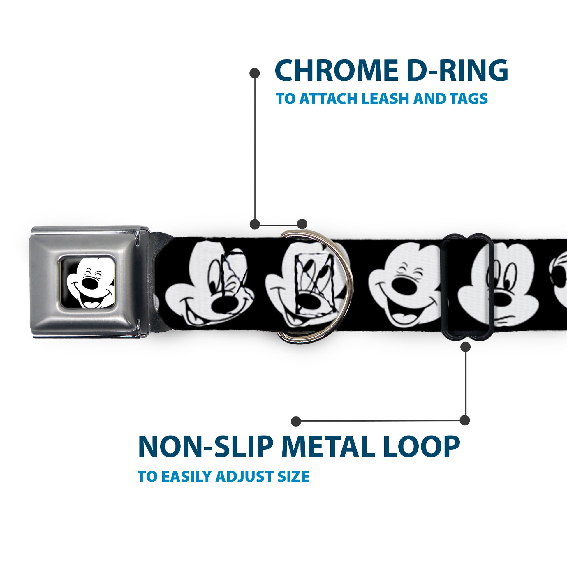 Mickey Mouse Face3 CLOSE-UP Full Color Black/White Seatbelt Buckle Collar - Mickey Mouse Expressions CLOSE-UP Black/White Seatbelt Buckle Collars Disney