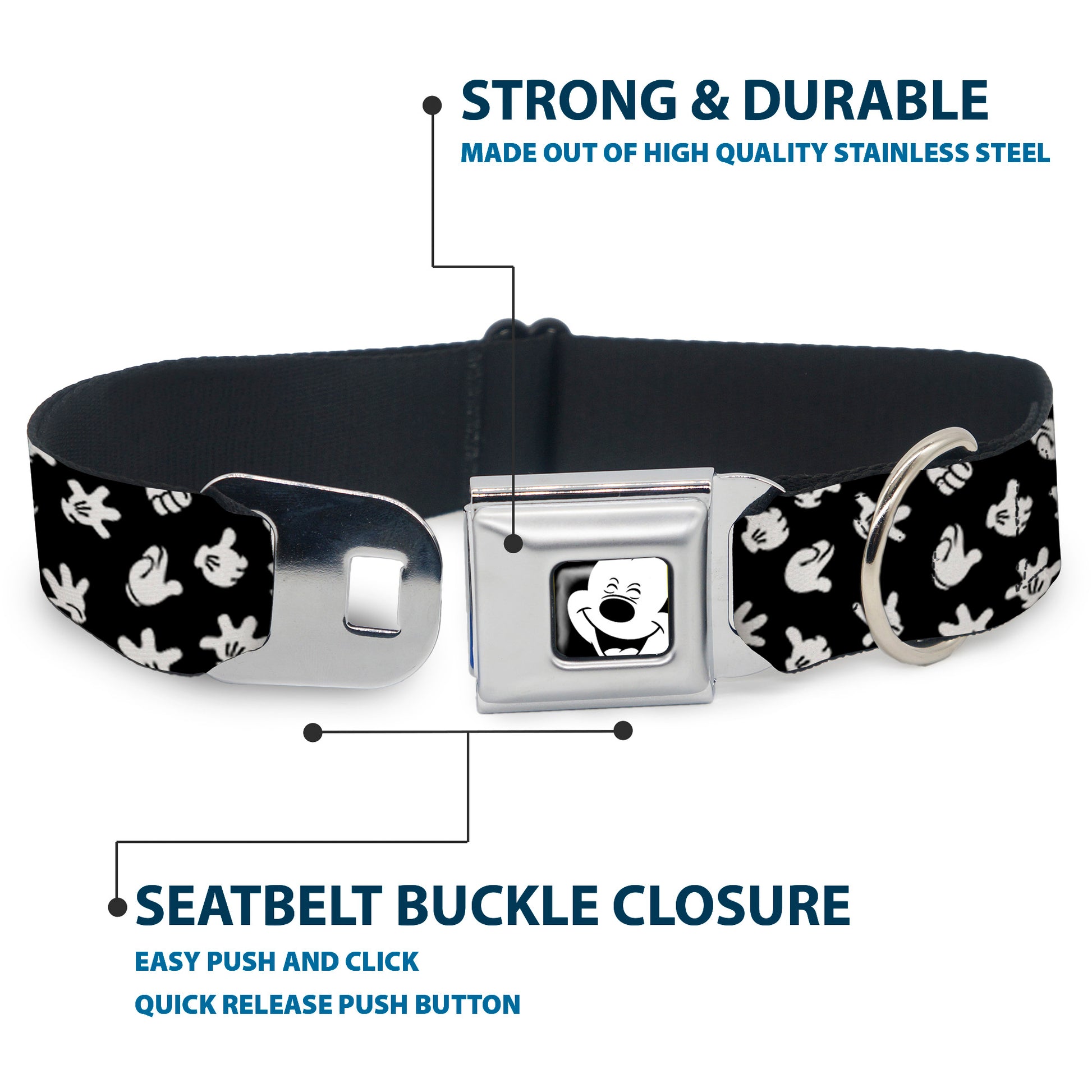 Mickey Mouse Face3 CLOSE-UP Full Color Black/White Seatbelt Buckle Collar - Mickey Mouse Hand Gestures Scattered Black/White Seatbelt Buckle Collars Disney