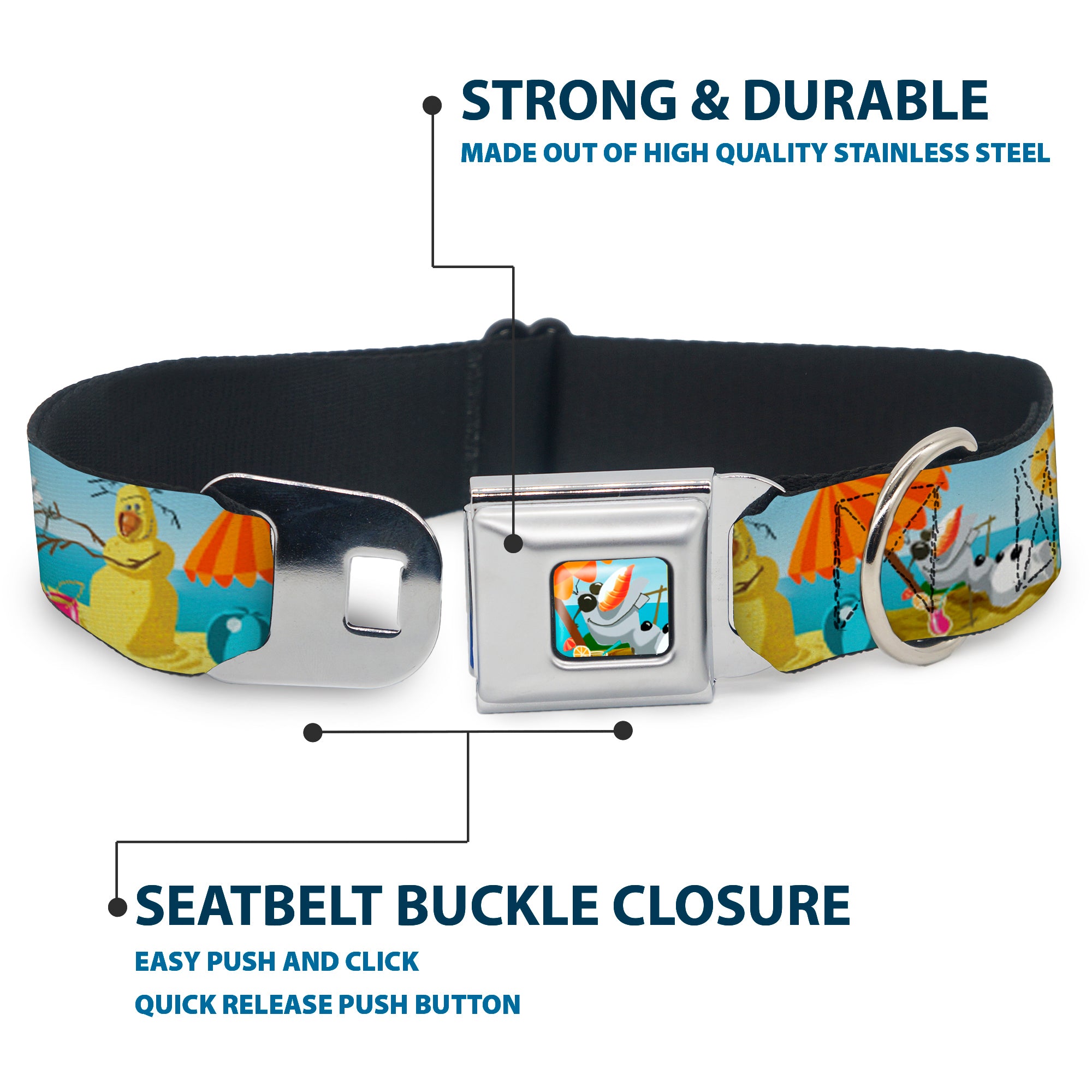 Olaf Tanning Pose Full Color Seatbelt Buckle Collar - Olaf Summertime Beach Scenes Seatbelt Buckle Collars Disney