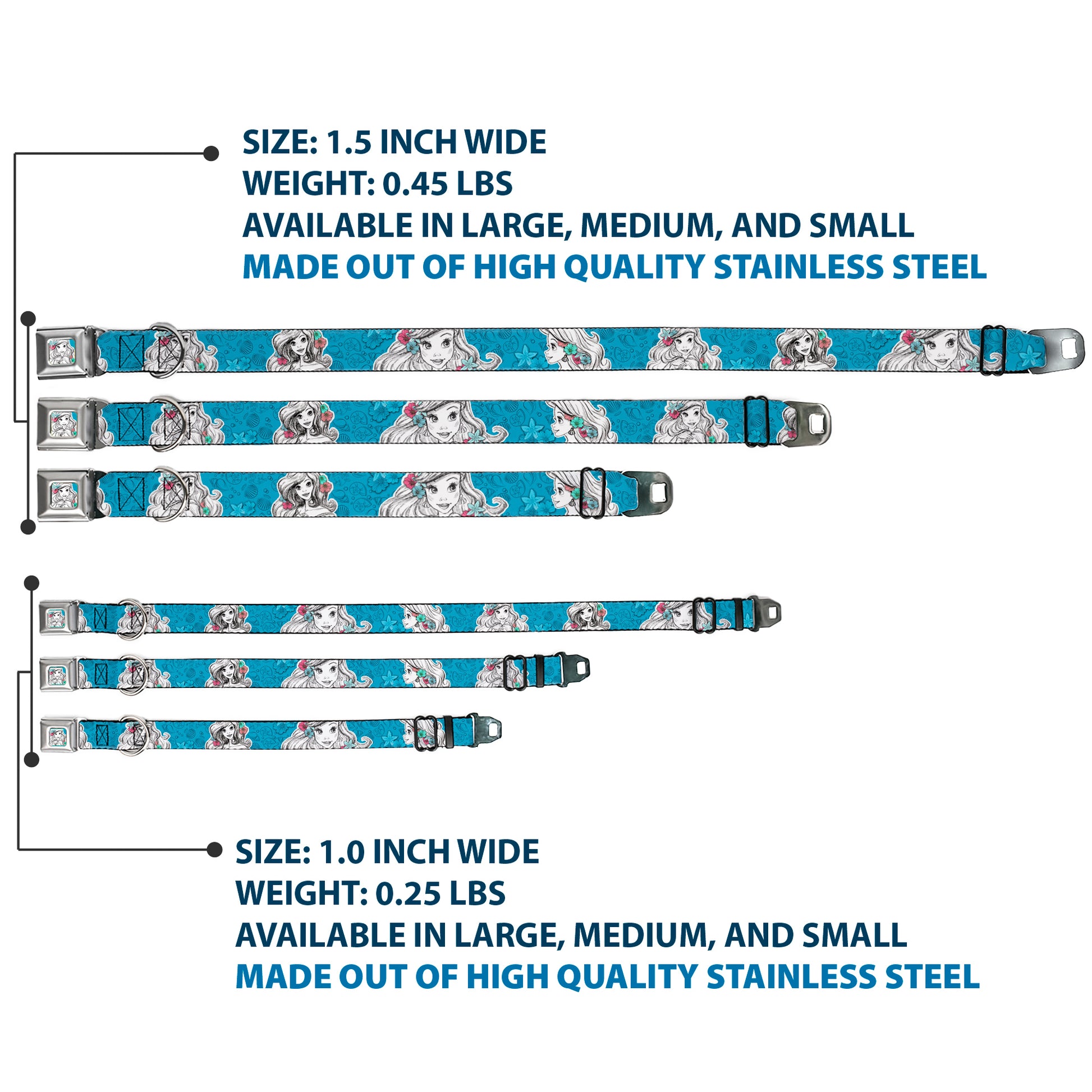 Ariel Sketch2 Pose Full Color Blue Seatbelt Buckle Collar - Ariel Poses/Shells Sketch Blue/White Seatbelt Buckle Collars Disney