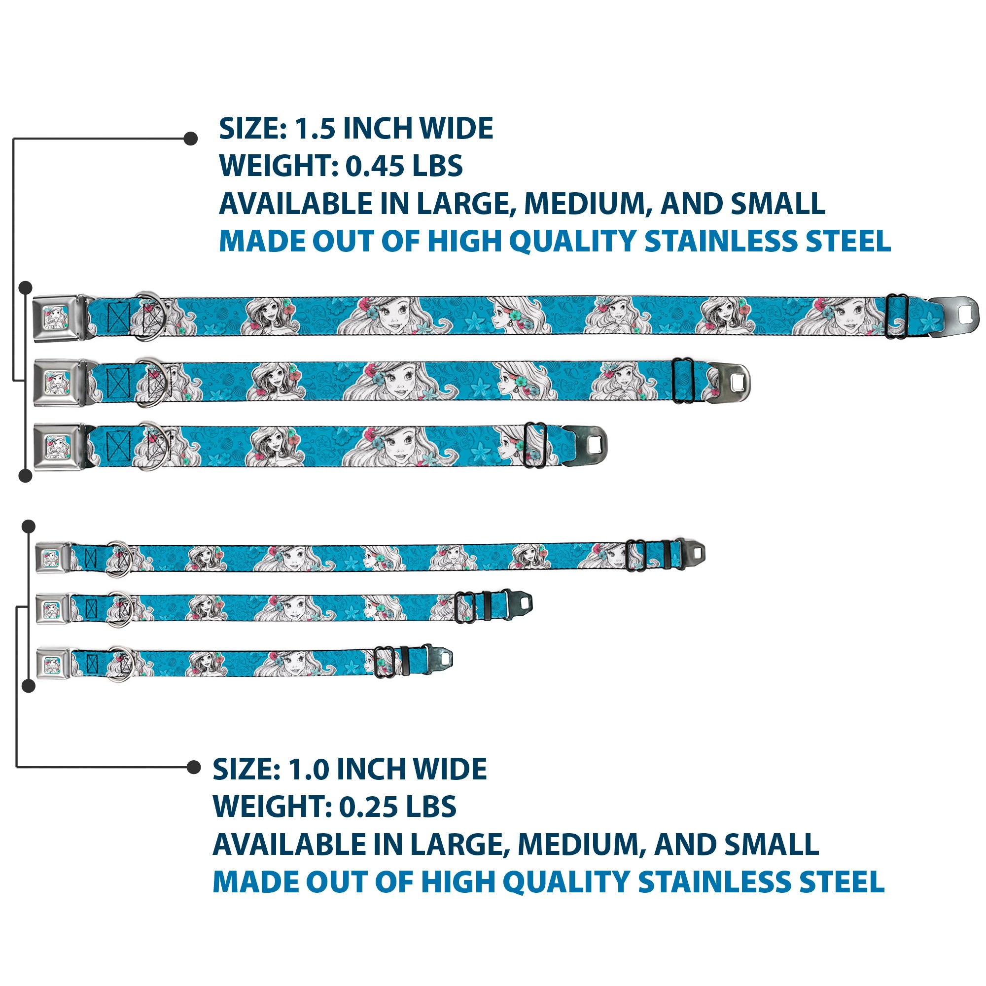 Ariel Sketch2 Pose Full Color Blue Seatbelt Buckle Collar - Ariel Poses/Shells Sketch Blue/White Seatbelt Buckle Collars Disney