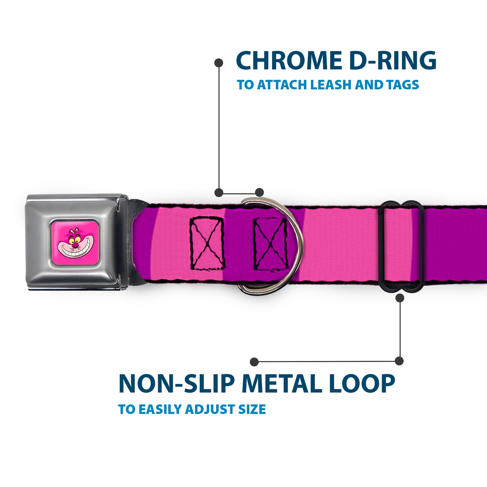Cheshire Cat Face Full Color Pink Seatbelt Buckle Collar - Cheshire Cat Stripe Pink/Purple Seatbelt Buckle Collars Disney
