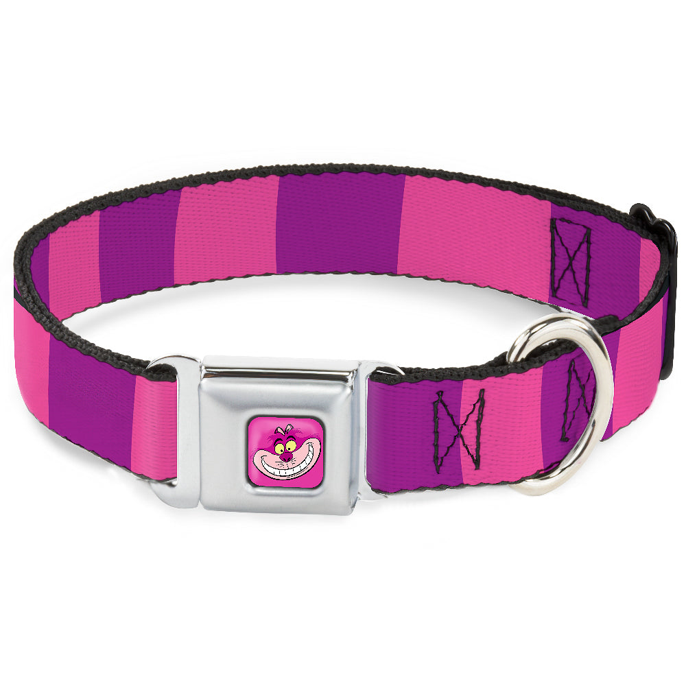 Cheshire Cat Face Full Color Pink Seatbelt Buckle Collar - Cheshire Cat Stripe Pink/Purple Seatbelt Buckle Collars Disney