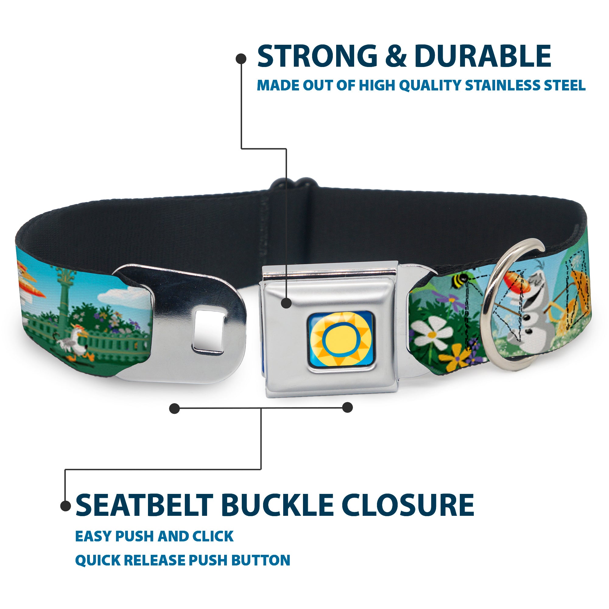 Frozen Sun2 Royal Full Color Blue/Yellows Seatbelt Buckle Collar - Olaf Garden Scenes Seatbelt Buckle Collars Disney