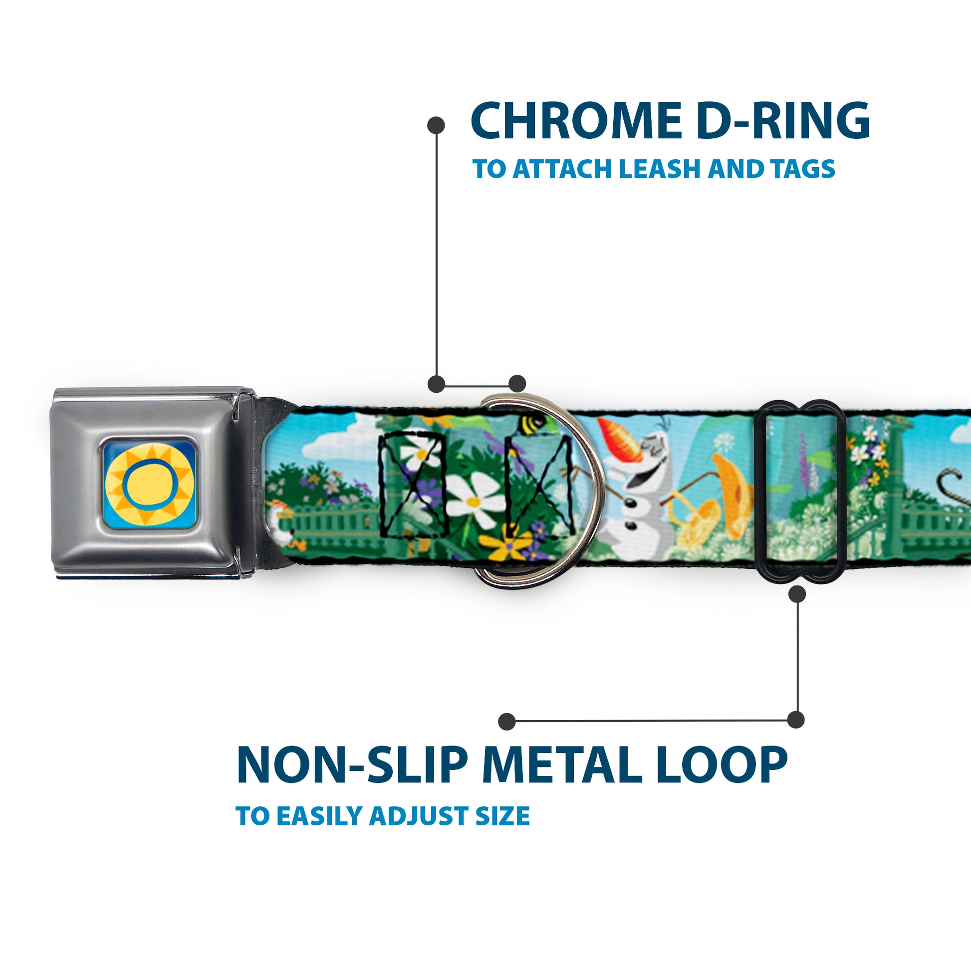 Frozen Sun2 Royal Full Color Blue/Yellows Seatbelt Buckle Collar - Olaf Garden Scenes Seatbelt Buckle Collars Disney