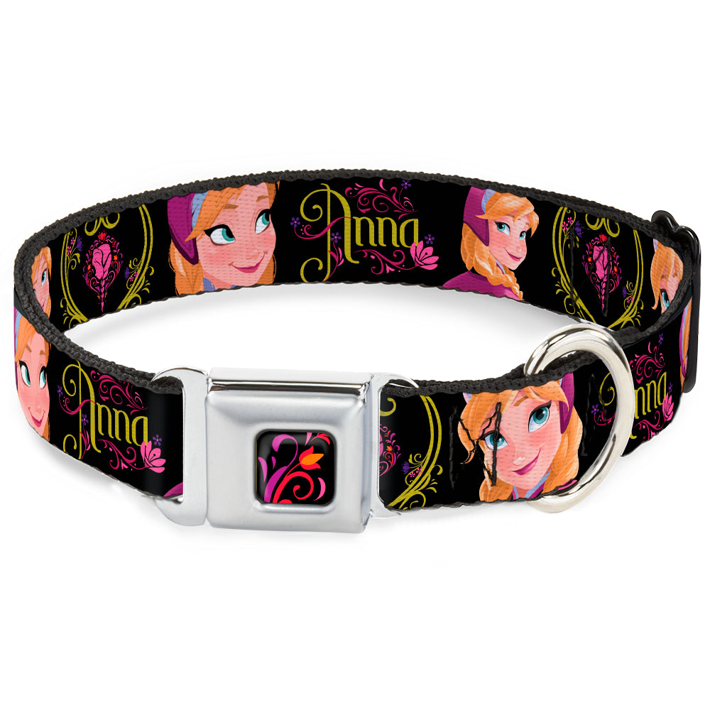Dog Collar DYFV-Frozen Tulip Full Color Black/Pink/Red/Orange - ANNA Poses/Anna Monogram Heart Cameo Pinks/Yellow - WIDE-Medium Seatbelt Buckle Collars Disney
