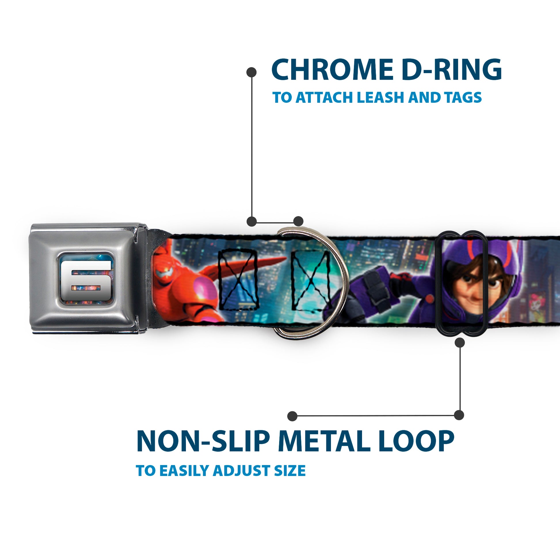 Big Hero "6" Name Blocks Full Color Black Gray White Seatbelt Buckle Collar - Hiro & Baymax Action Poses/San Fransokyo Seatbelt Buckle Collars Disney