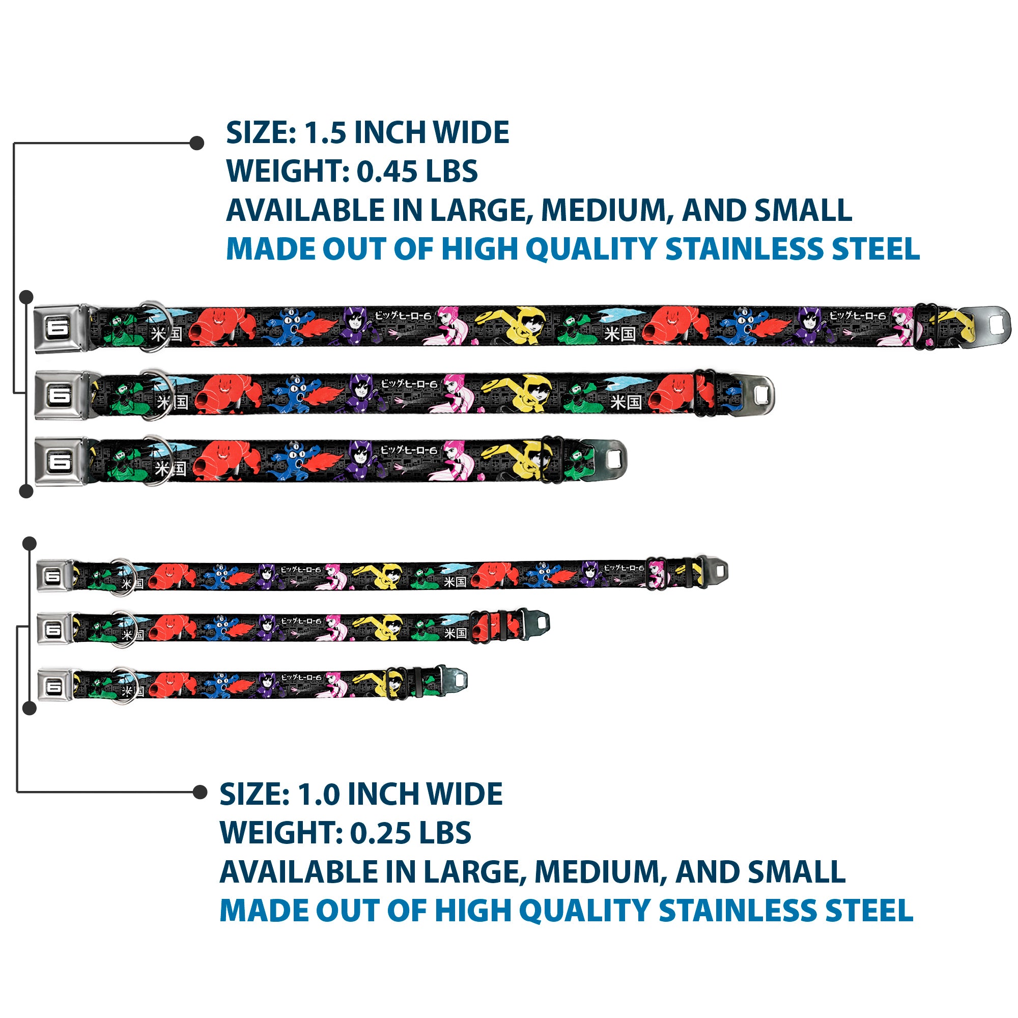 Big Hero "6" Name Blocks Full Color Black Gray White Seatbelt Buckle Collar - Big Hero 6 Group Action Pose/Name Blocks Black/Gray/Multi Color Seatbelt Buckle Collars Disney