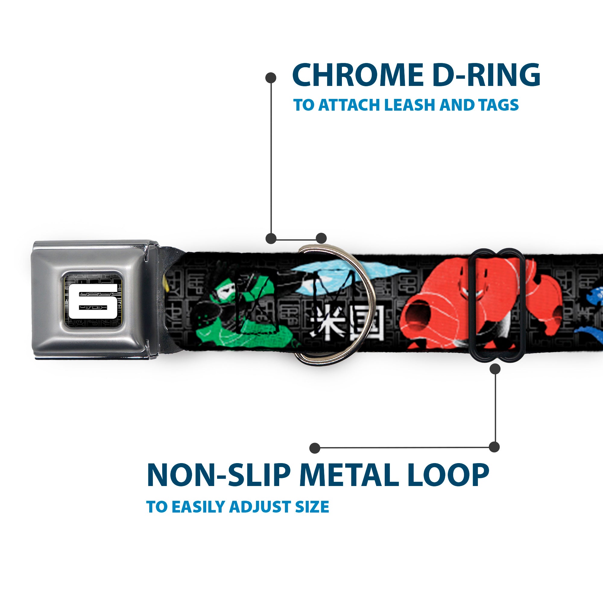 Big Hero "6" Name Blocks Full Color Black Gray White Seatbelt Buckle Collar - Big Hero 6 Group Action Pose/Name Blocks Black/Gray/Multi Color Seatbelt Buckle Collars Disney