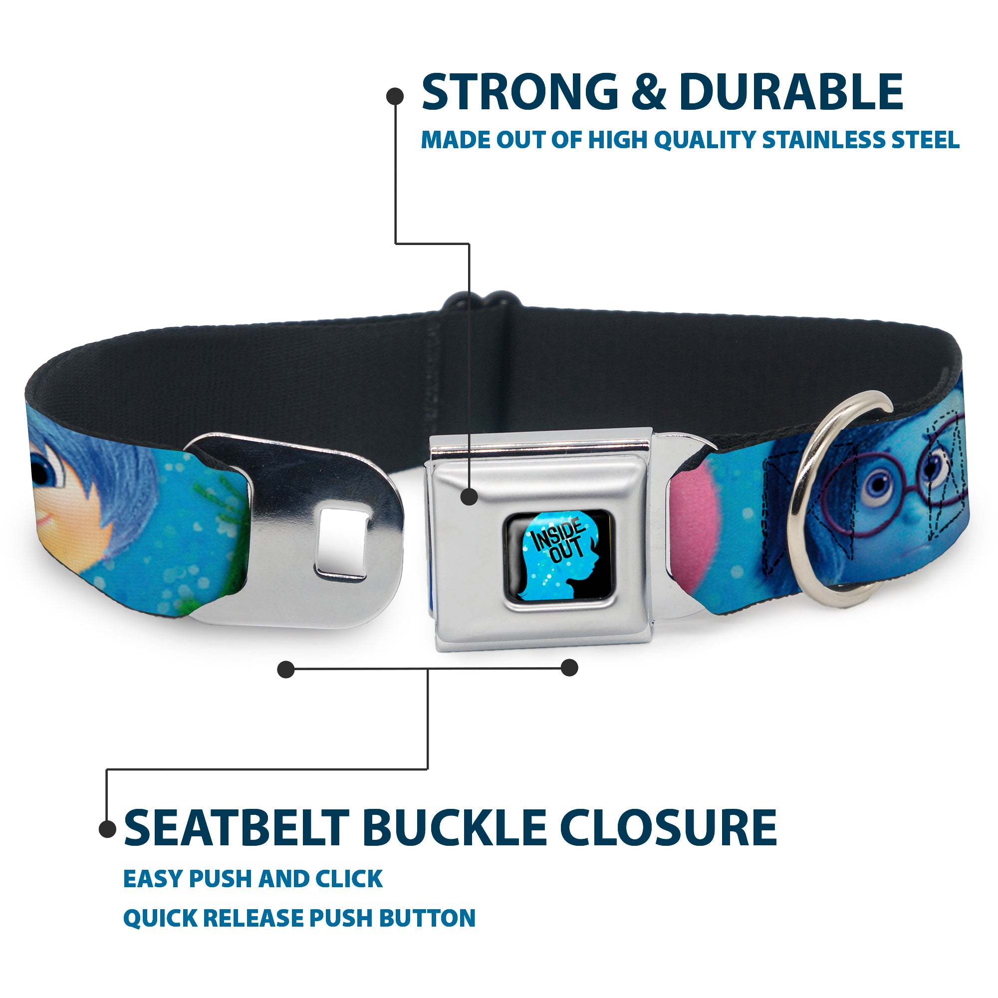 INSIDE OUT/Riley Silhouette Full Color Black/Sparkle Blue Seatbelt Buckle Collar - INSIDE OUT 6-Character Pose Sparkle Blue/White Seatbelt Buckle Collars Disney