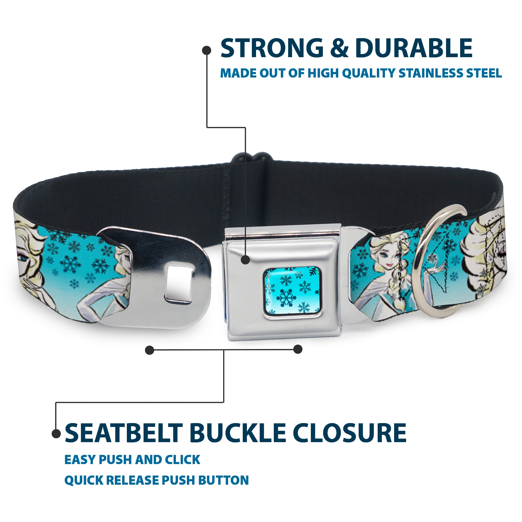 Snowflakes Frozen Art Collection Full Color Blues/White Seatbelt Buckle Collar - Anna/Snowflakes Frozen Art Collection Poses Seatbelt Buckle Collars Disney