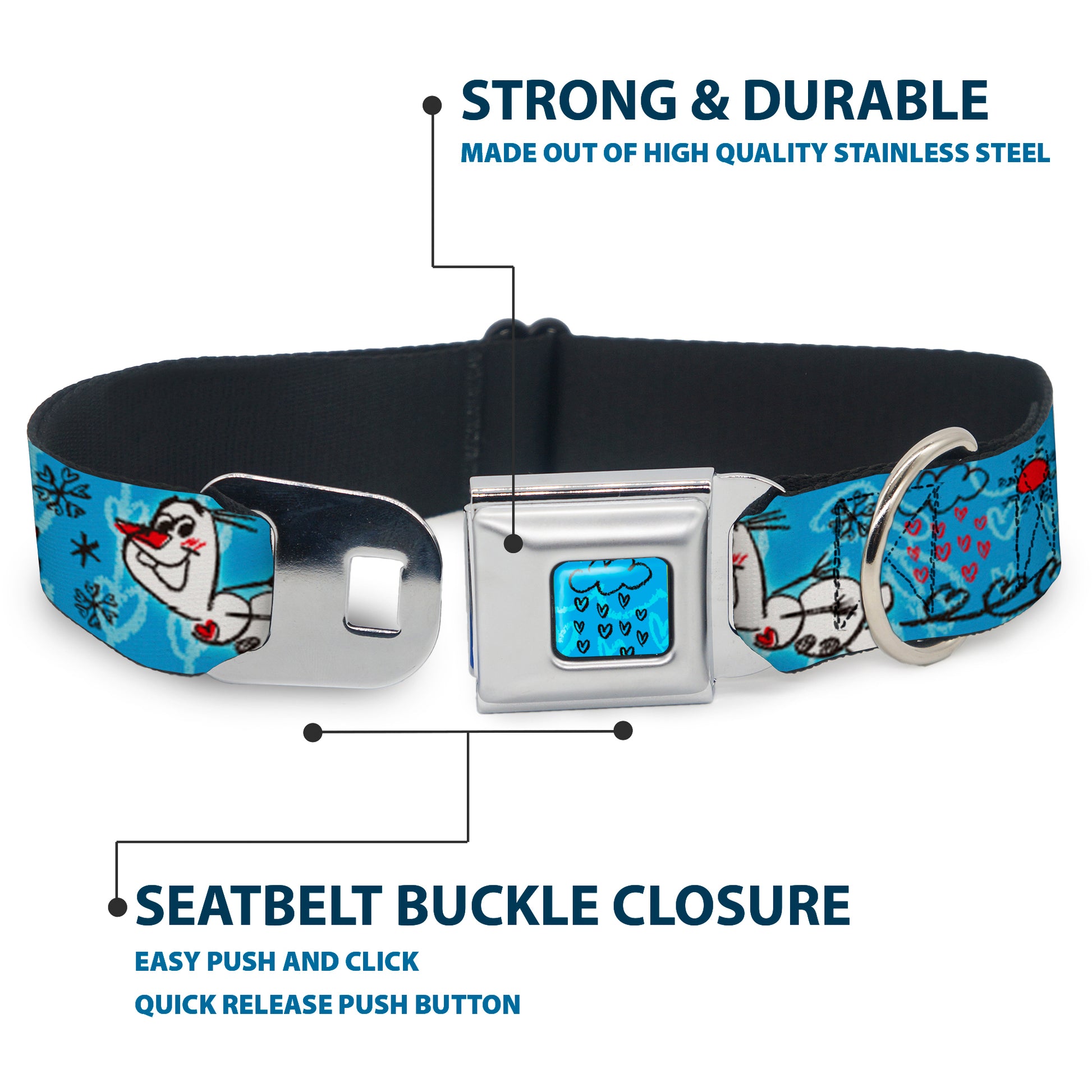Frozen Cloud/Heart Raindrop Sketch Full Color Blues/Black Seatbelt Buckle Collar - Olaf Heart Raindrop Sketch Blues/Black Seatbelt Buckle Collars Disney