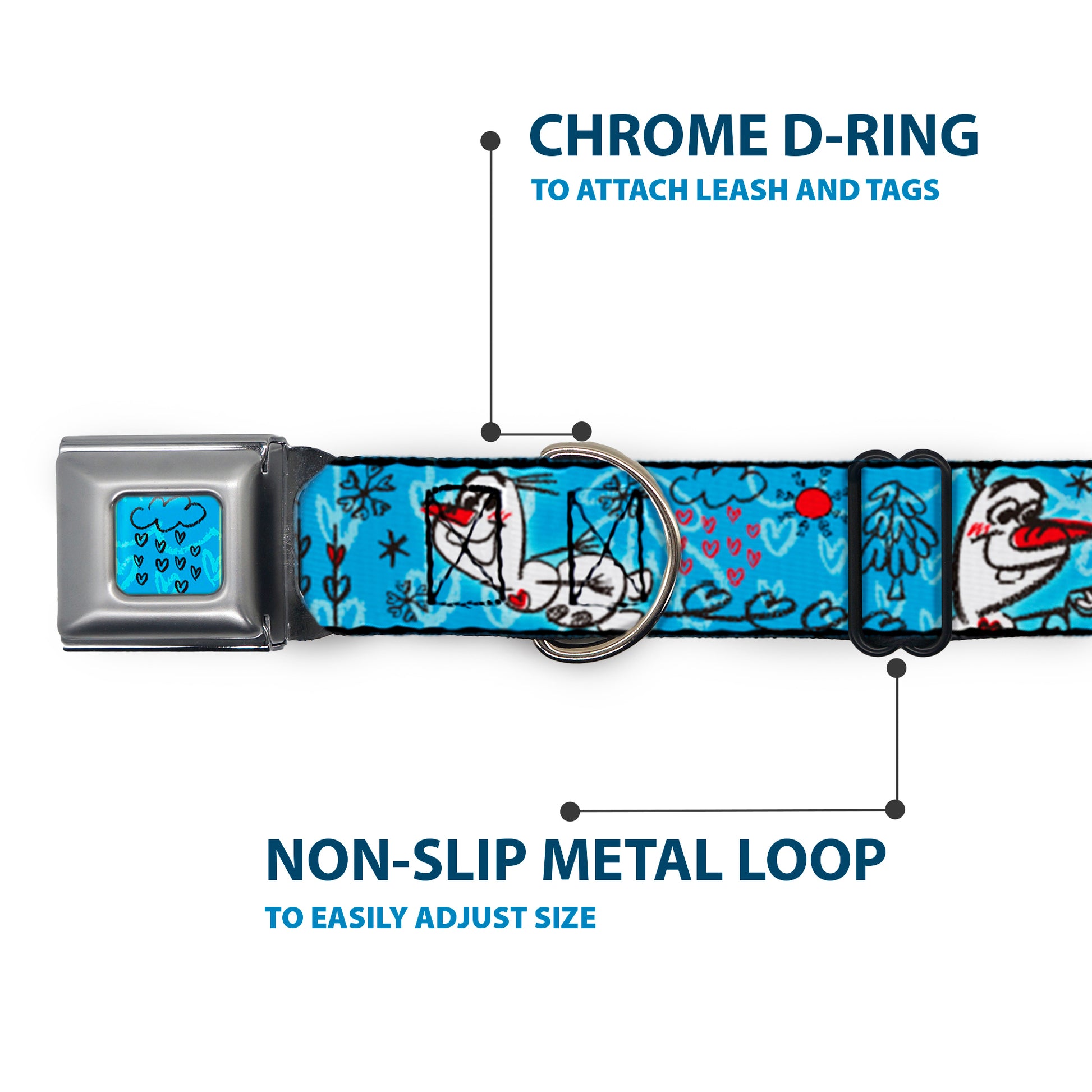 Frozen Cloud/Heart Raindrop Sketch Full Color Blues/Black Seatbelt Buckle Collar - Olaf Heart Raindrop Sketch Blues/Black Seatbelt Buckle Collars Disney